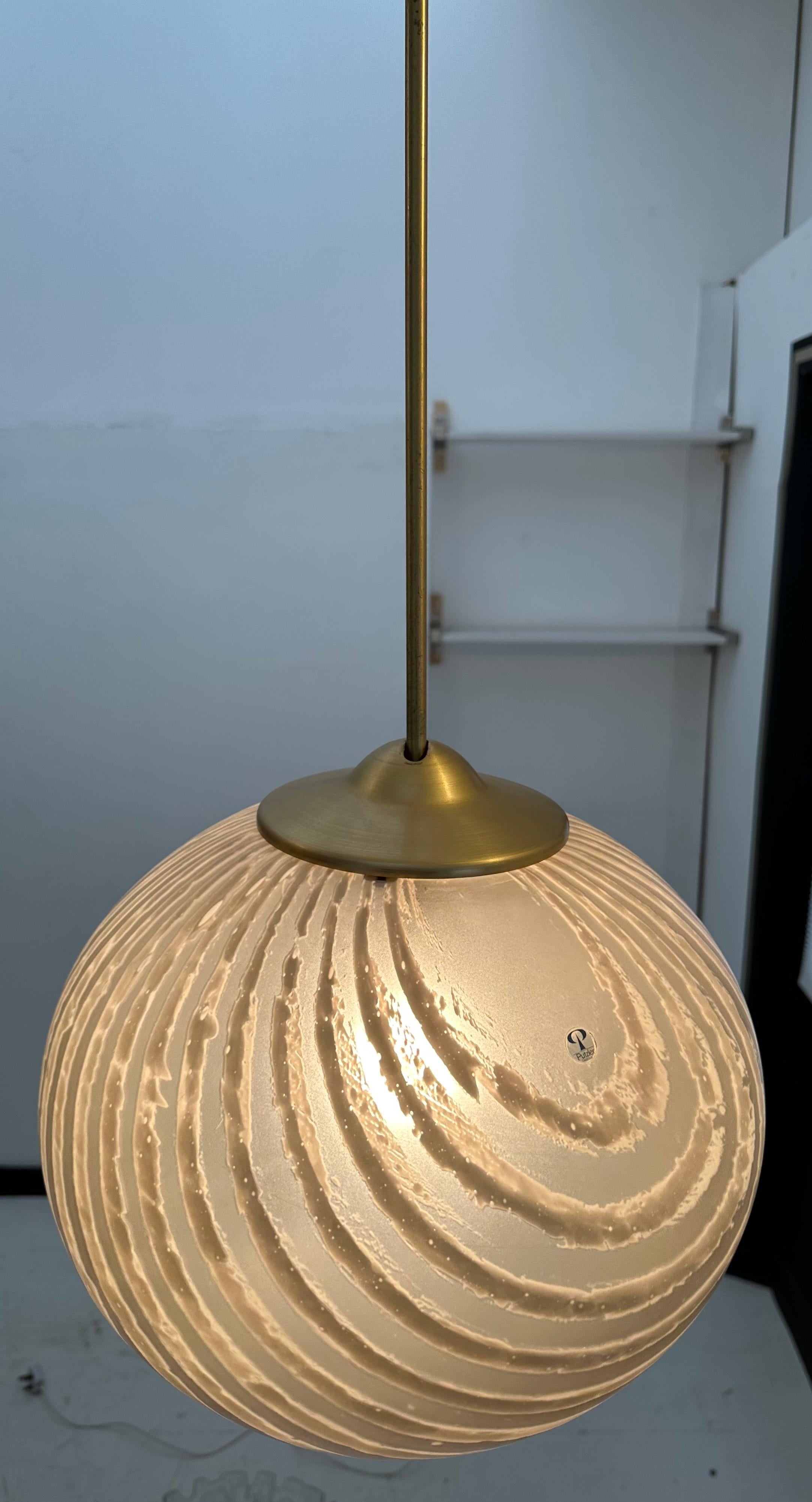 1970s German Peill & Putzler Gold Tinted Striped Satin Glass Hanging Light For Sale 1