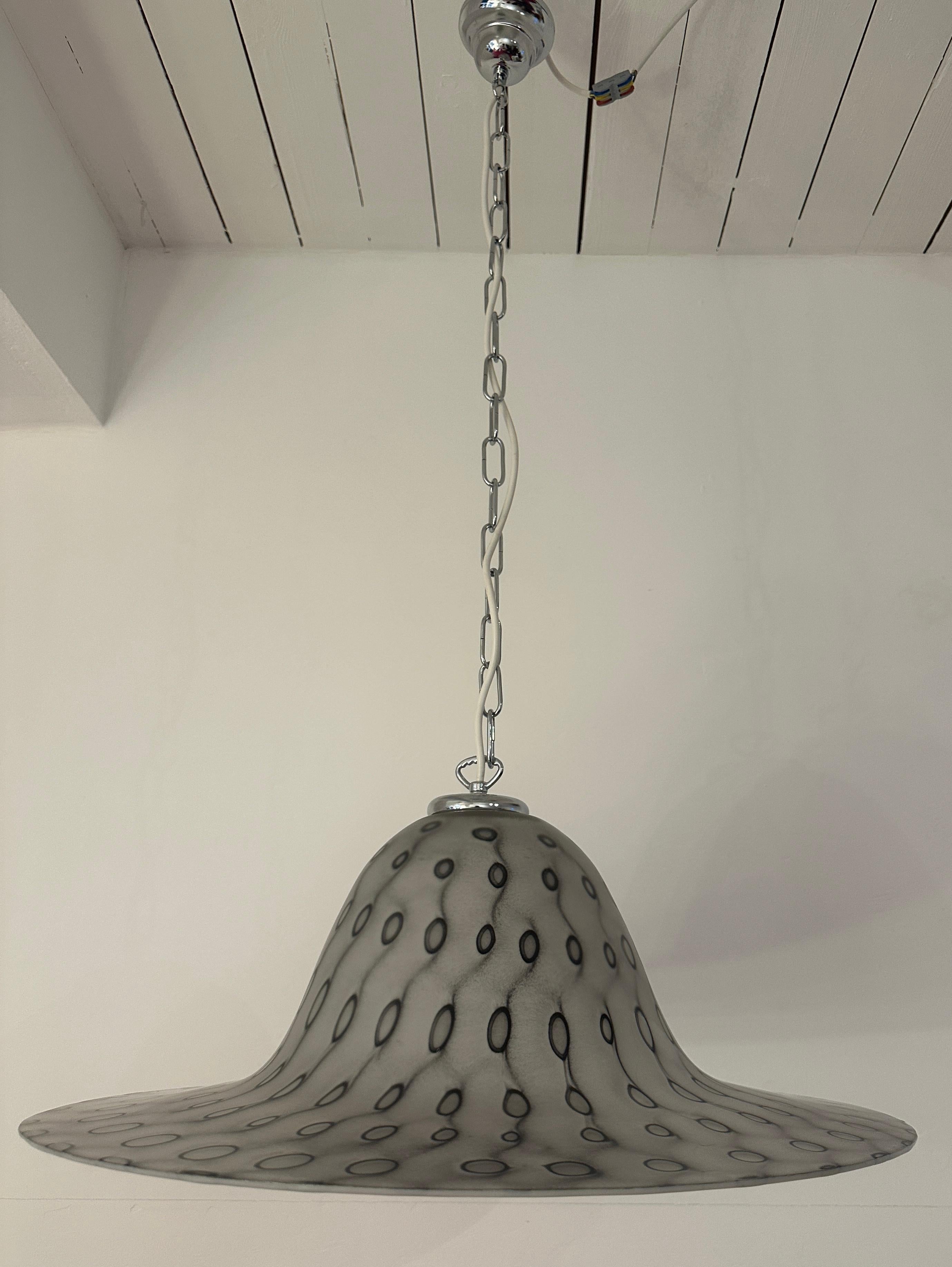 1970s German Peill & Pützler Grey Glass & Chrome Bell Shaped Pendant Light For Sale 5
