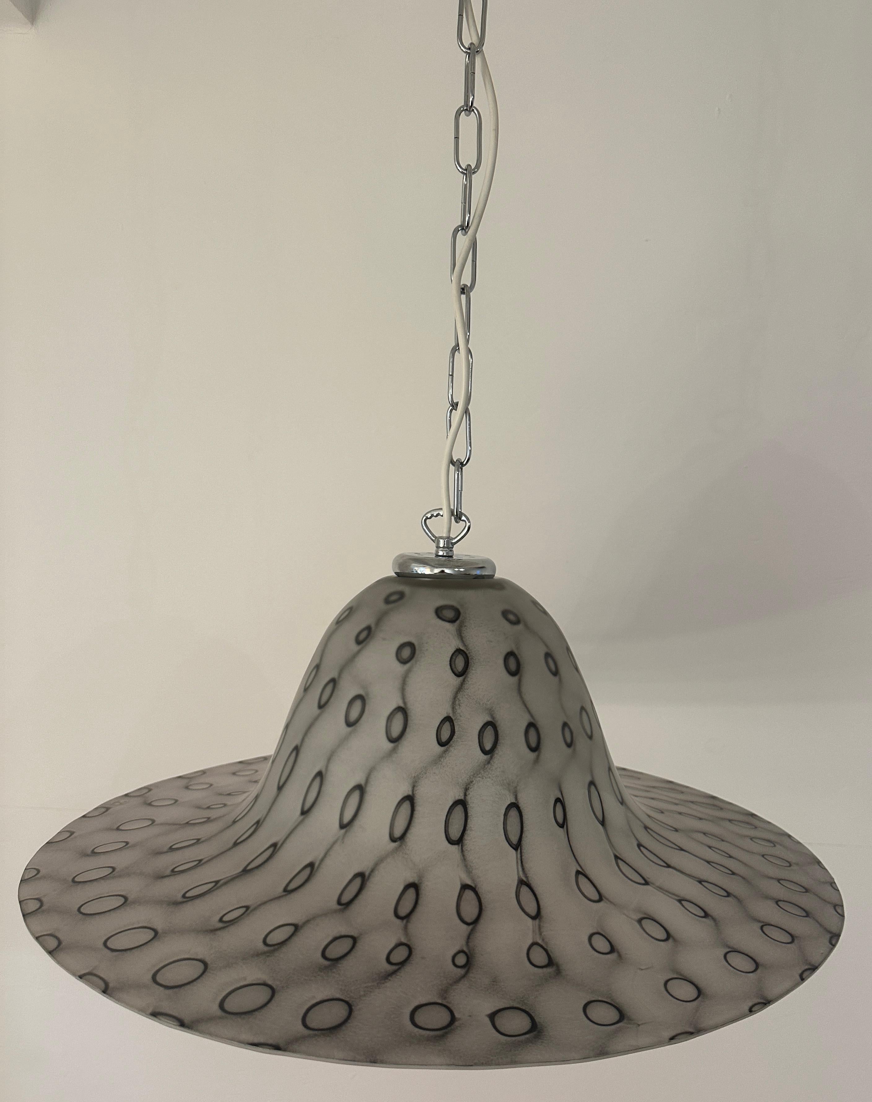 1970s German Peill & Pützler Grey Glass & Chrome Bell Shaped Pendant Light For Sale 6