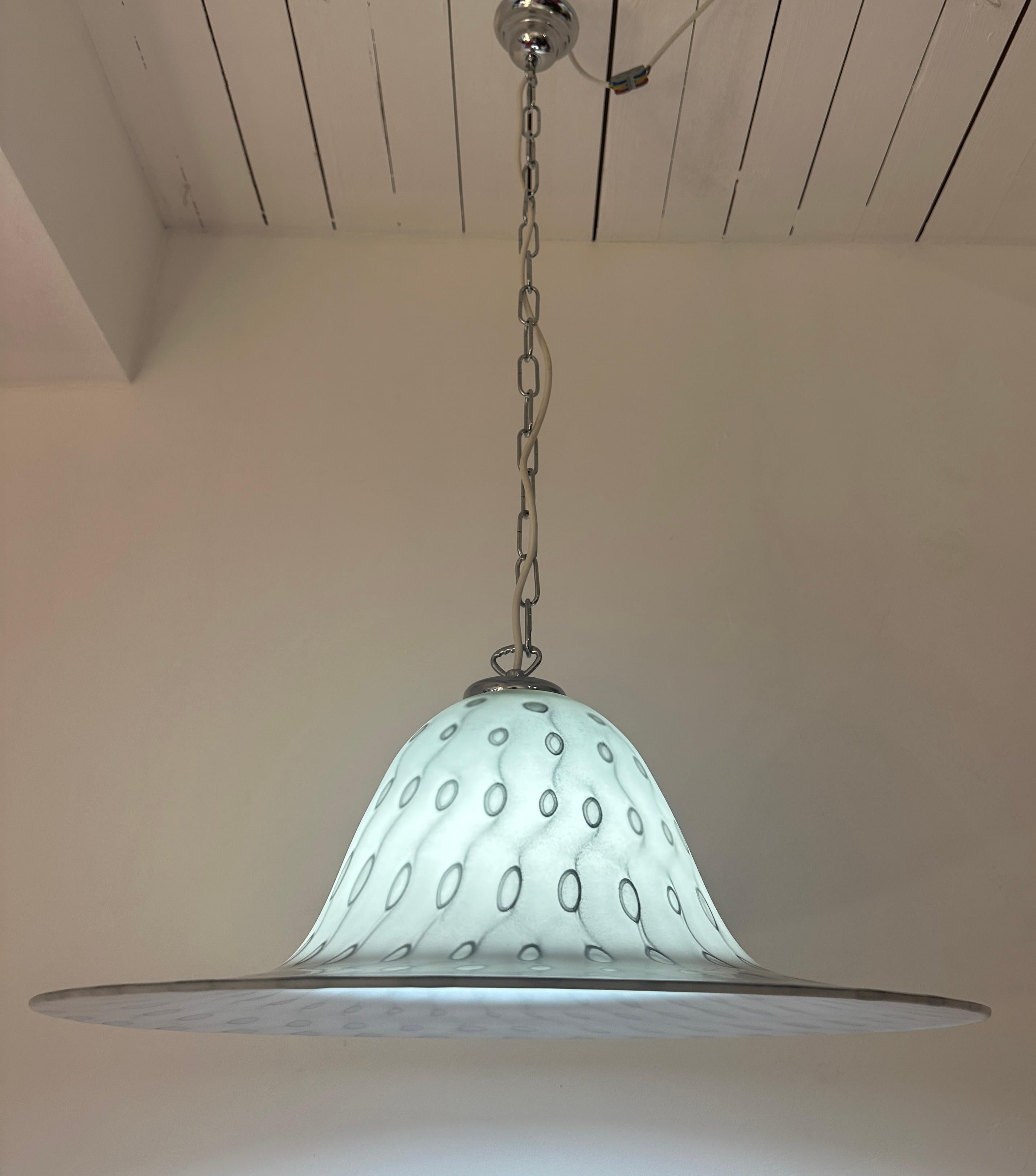 Hand-Crafted 1970s German Peill & Pützler Grey Glass & Chrome Bell Shaped Pendant Light For Sale