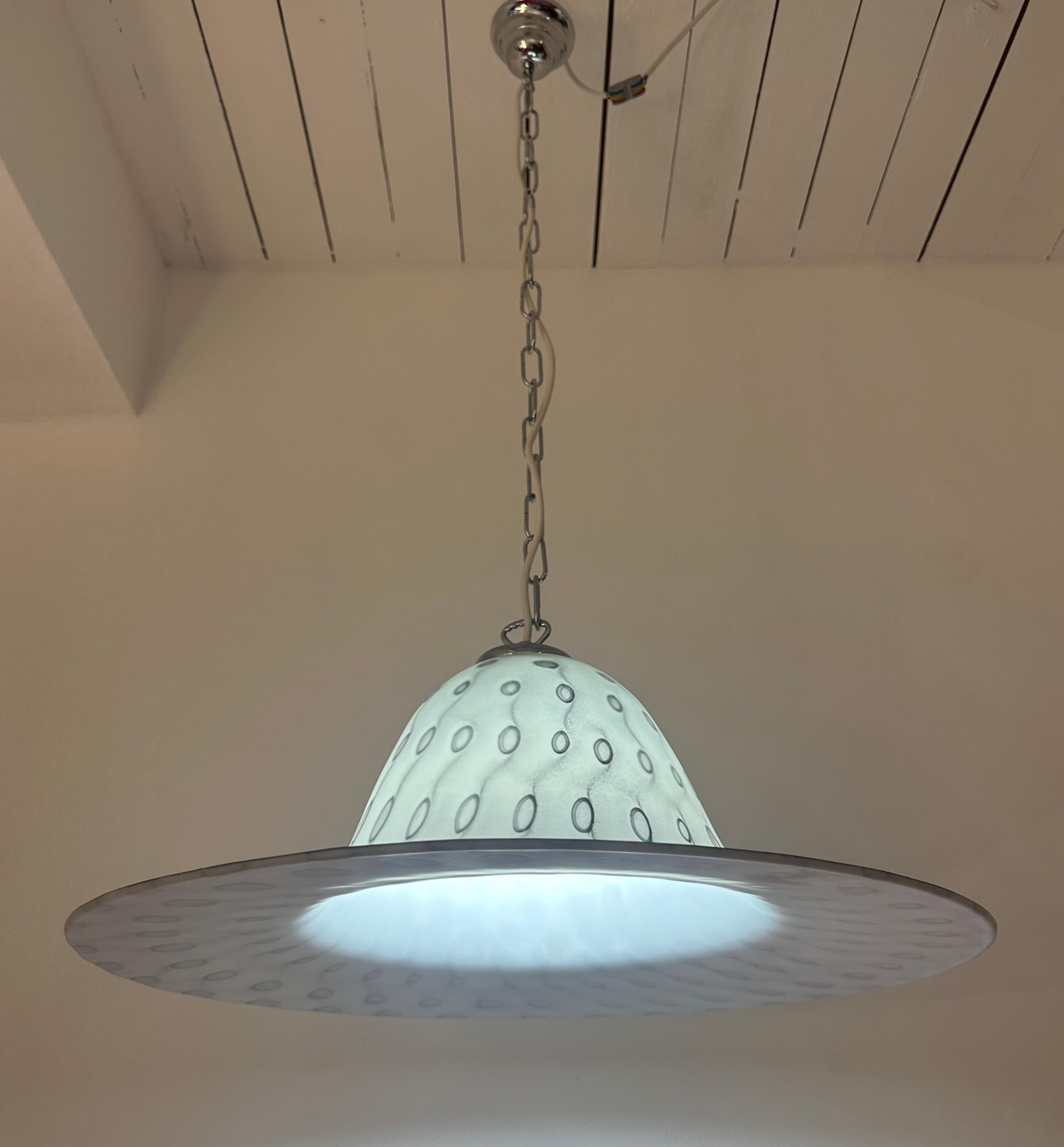 1970s German Peill & Pützler Grey Glass & Chrome Bell Shaped Pendant Light In Good Condition For Sale In London, GB