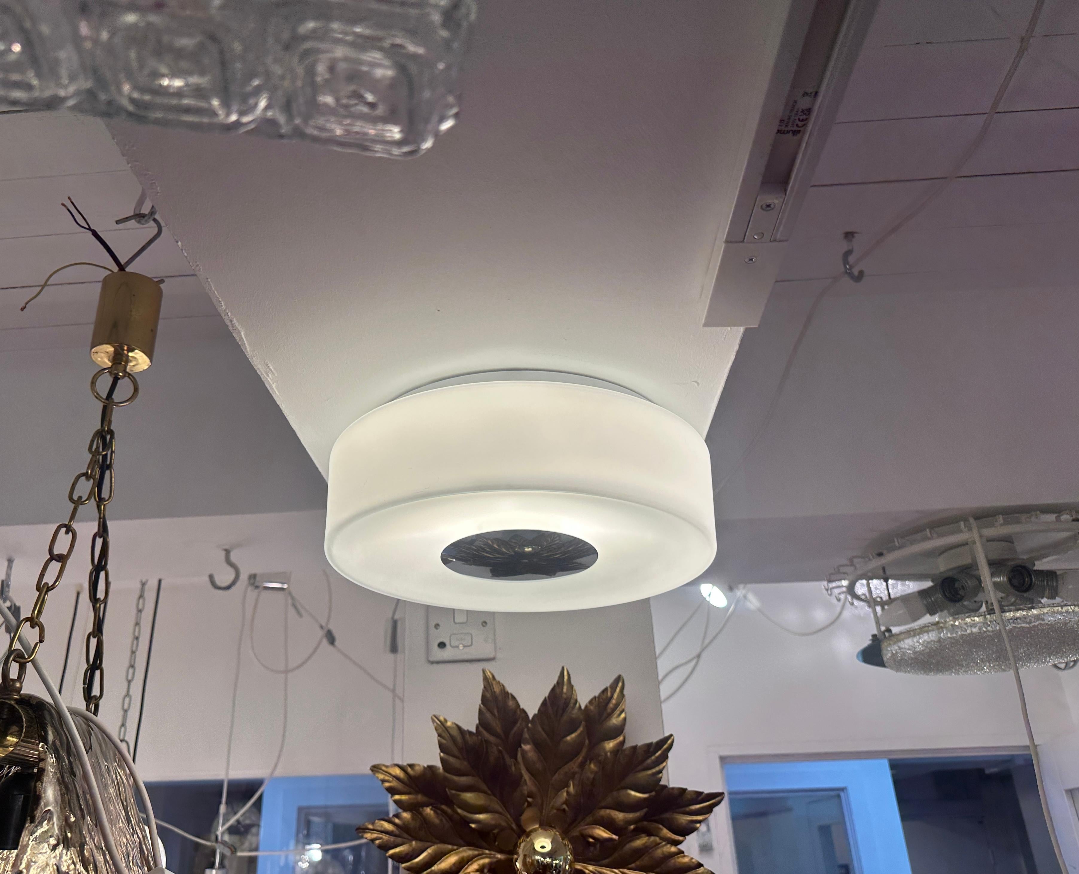 Metal 1970s German Peill & Putzler Opaline Glass & Chrome Wall or Flush Mount Light For Sale
