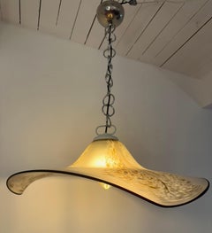 1970s German Peill & Pützler Style Feather Waved Glass & Chrome Pendant Light