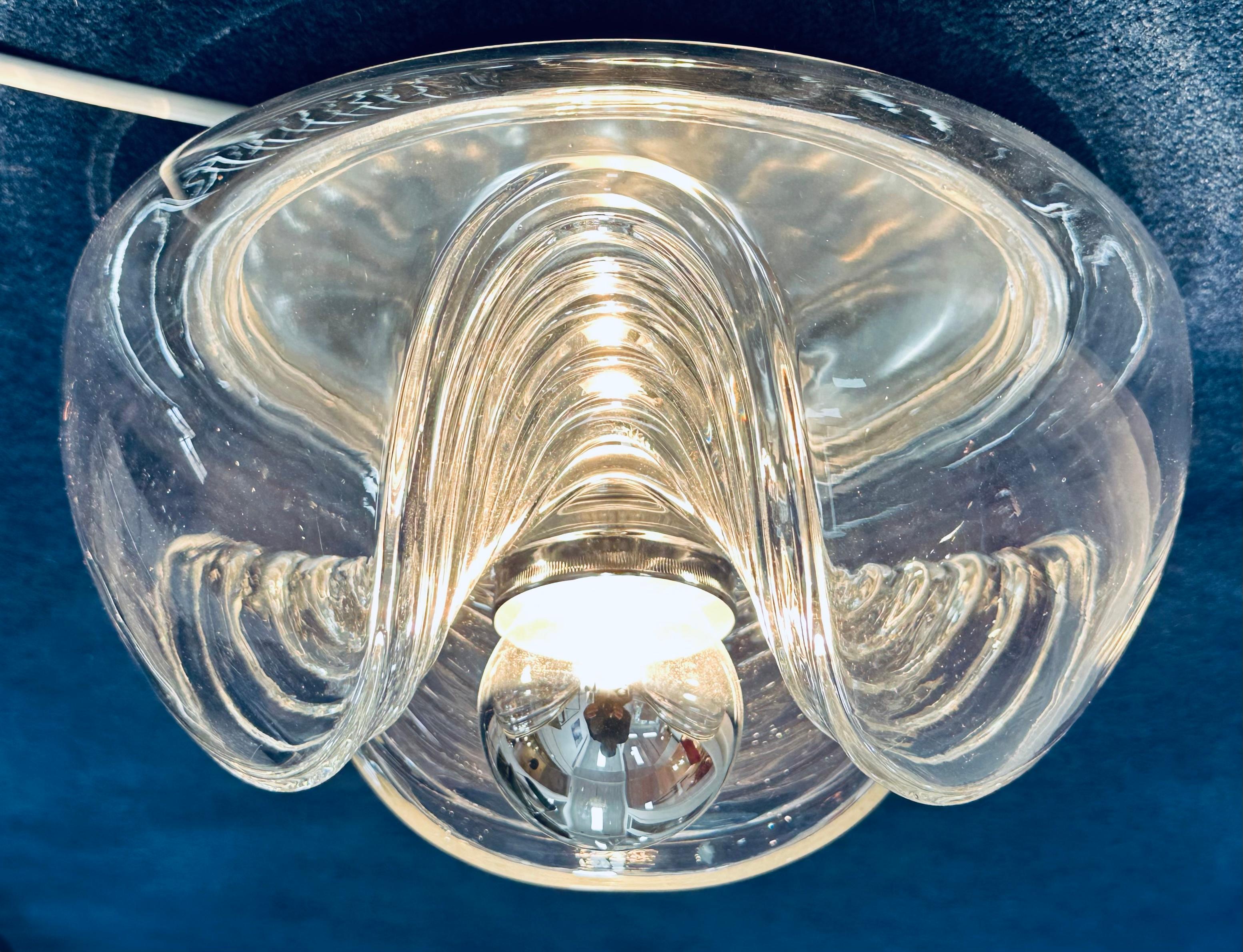 Space Age 1970s German Peill & Putzler 'Wave' Ribbed Clear & Chrome Flush Mount/Wall Light For Sale