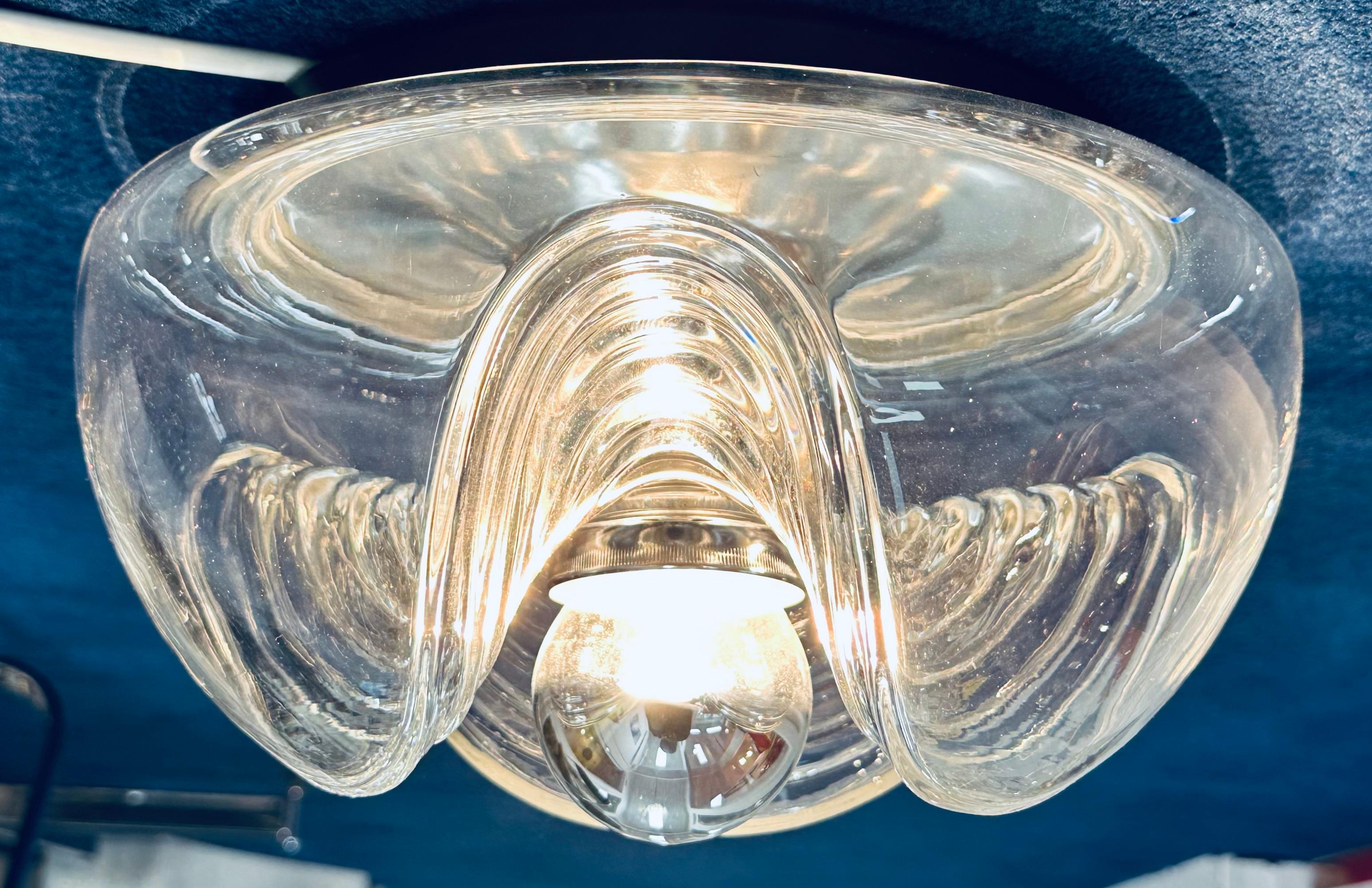 Polished 1970s German Peill & Putzler 'Wave' Ribbed Clear & Chrome Flush Mount/Wall Light For Sale