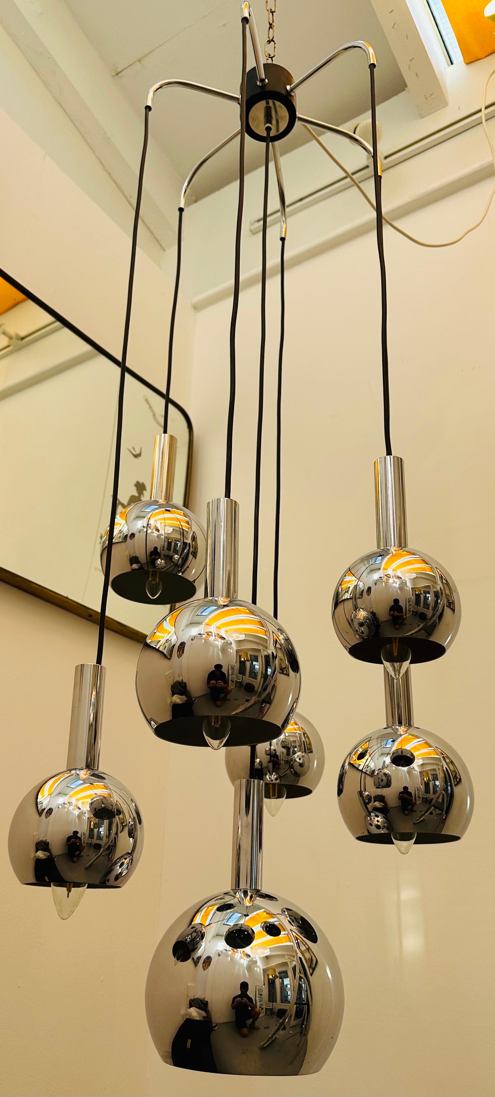 1970s German Plange Leuchten 7 Chrome Globe Cascading Hanging Ceiling Light 2
