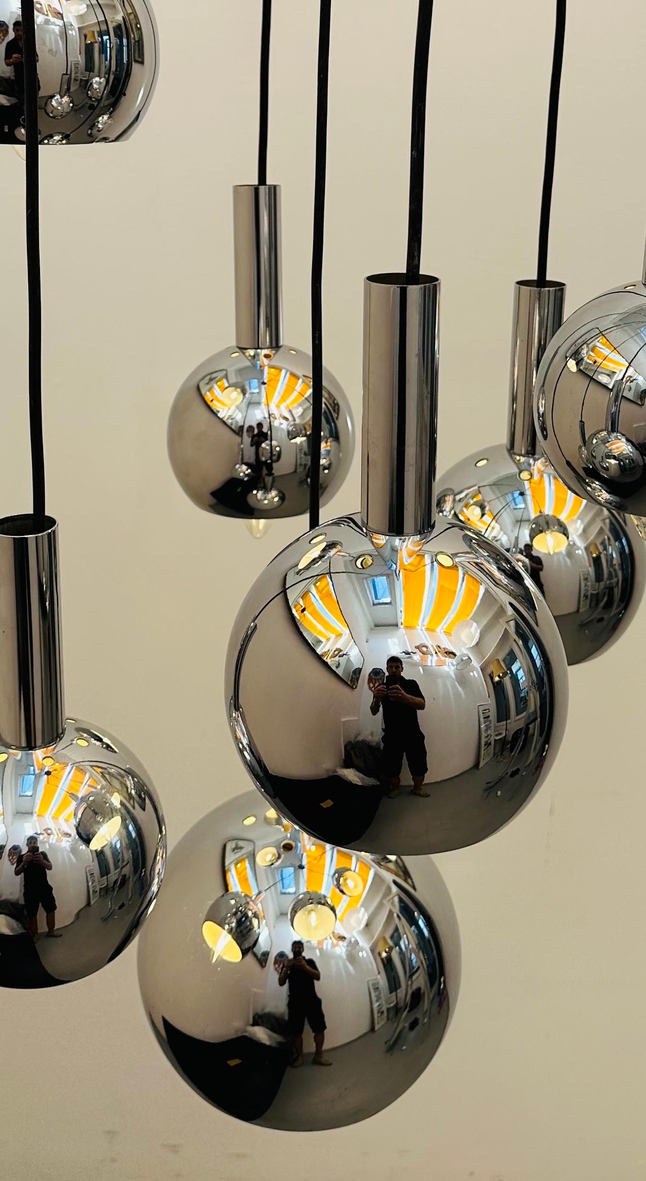 1970s German Plange Leuchten 7 Chrome Globe Cascading Hanging Ceiling Light 5
