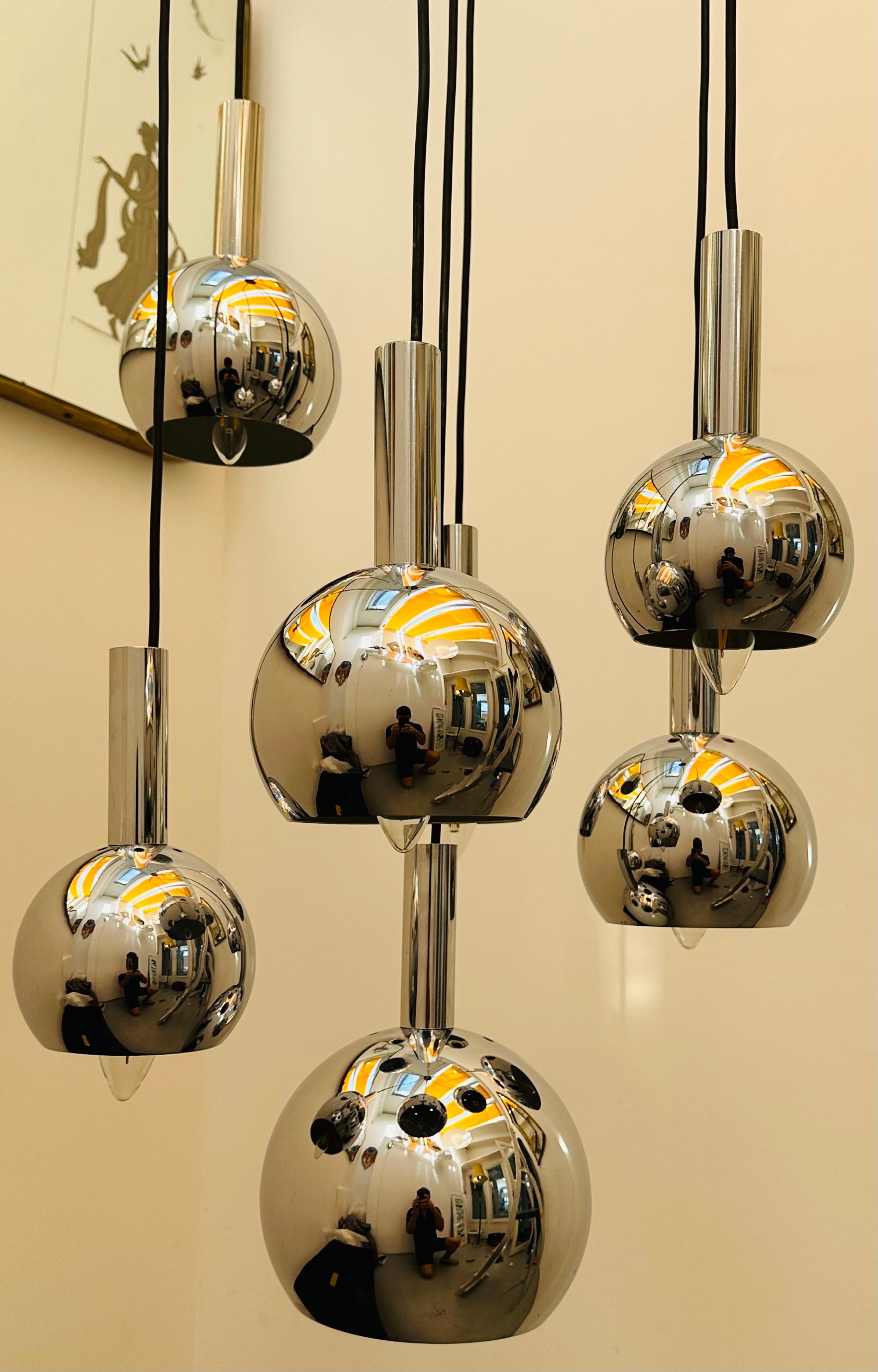 1970s German Plange Leuchten 7 Chrome Globe Cascading Hanging Ceiling Light For Sale 11