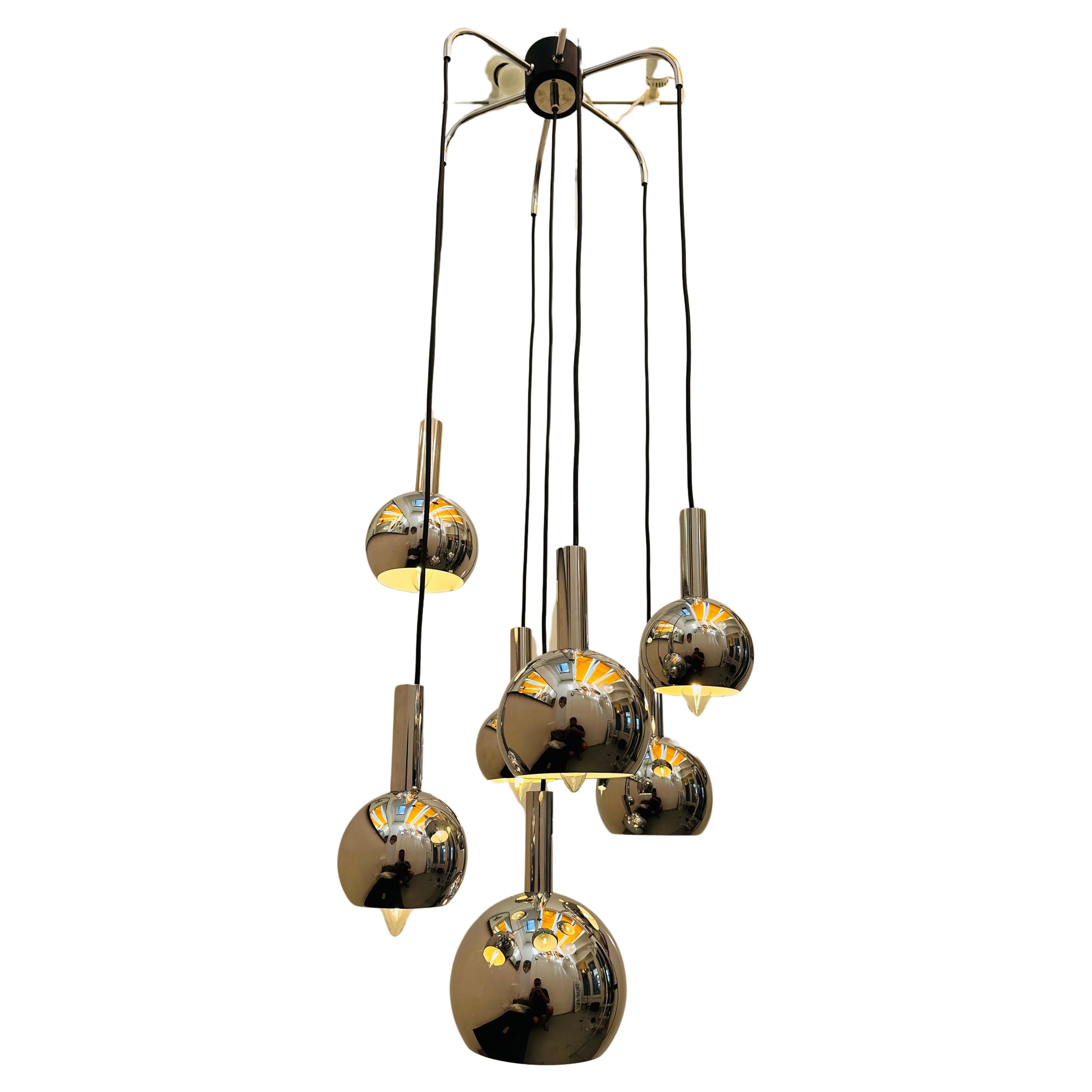 1970s German Plange Leuchten 7 Chrome Globe Cascading Hanging Ceiling Light For Sale