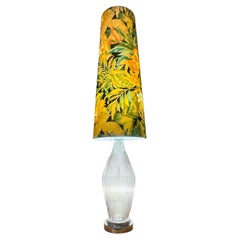 1970s German Retro Ribbed Illuminated Glass Floor Lamp & Floral Conical Shade