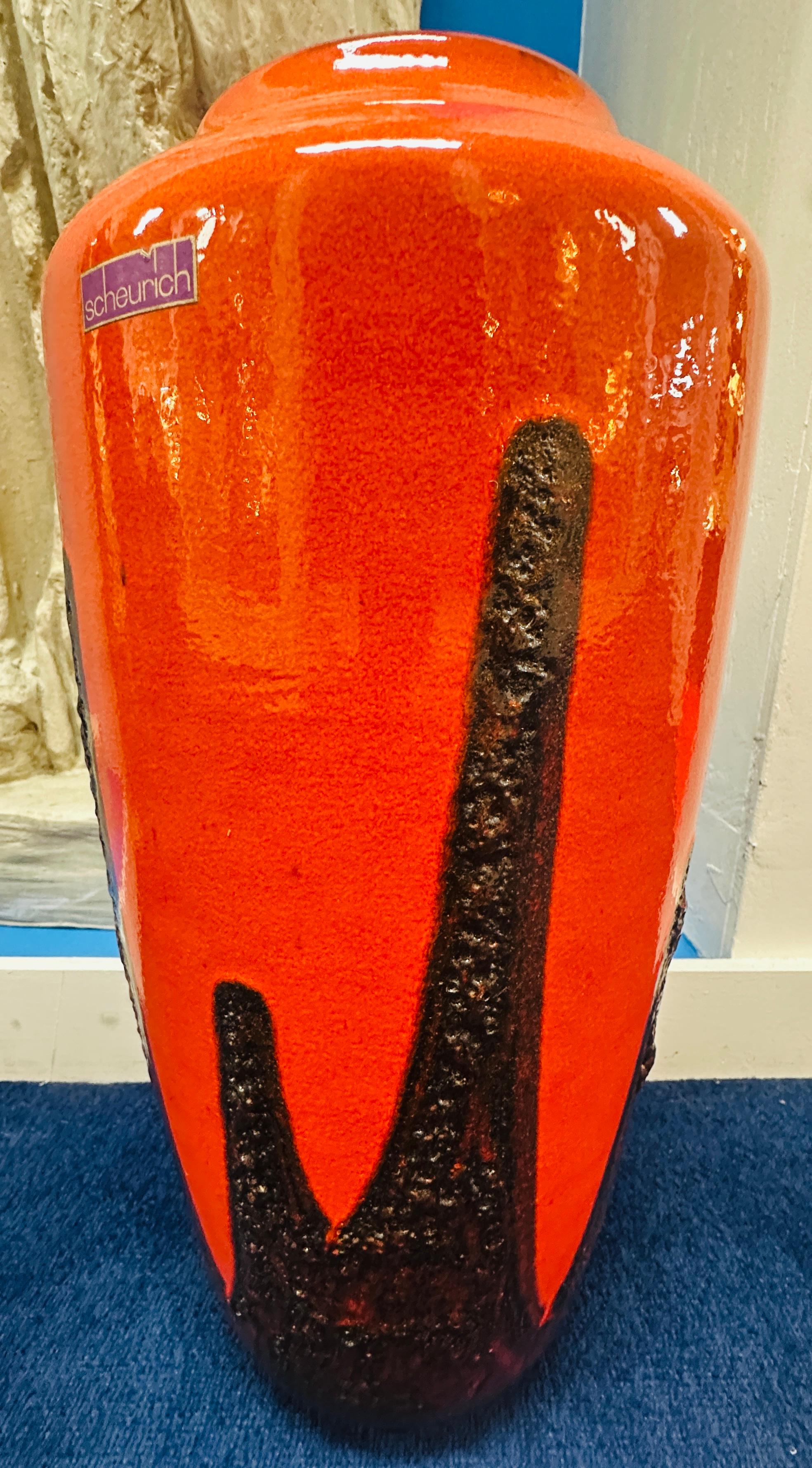 1970er Jahre Deutsch Scheurich Orange & Brown Fett Lava Boden oder Tabelle Vase Modell 517 45 (Keramik)