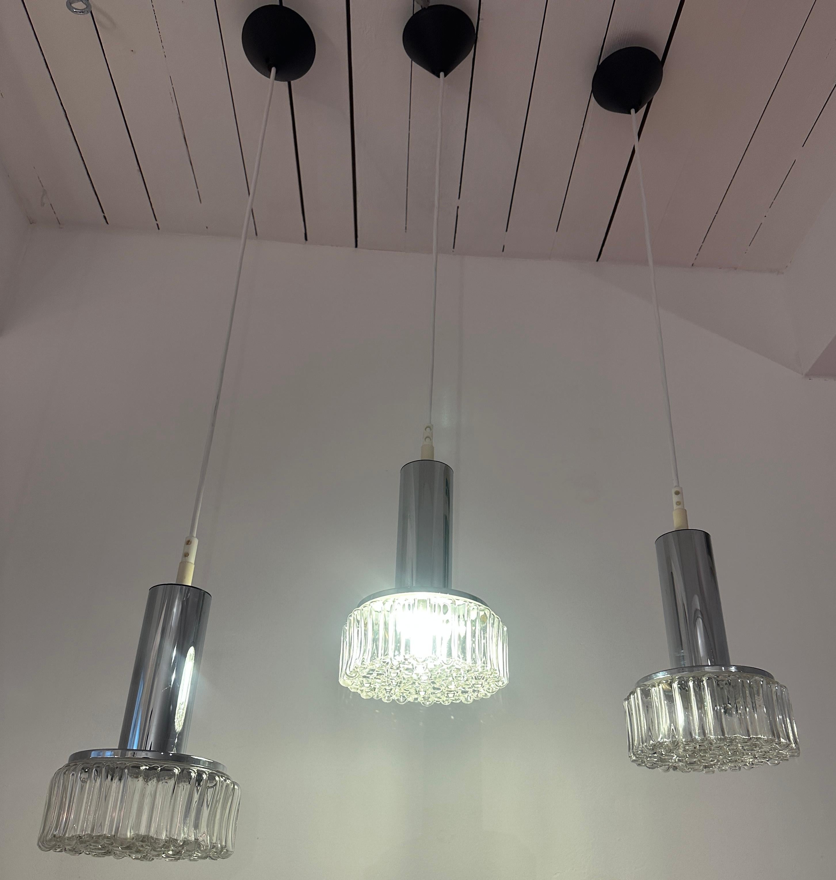Poli 1970s German Staff Leuchten Chrome & Bubbled Glass Lights 3 available en vente