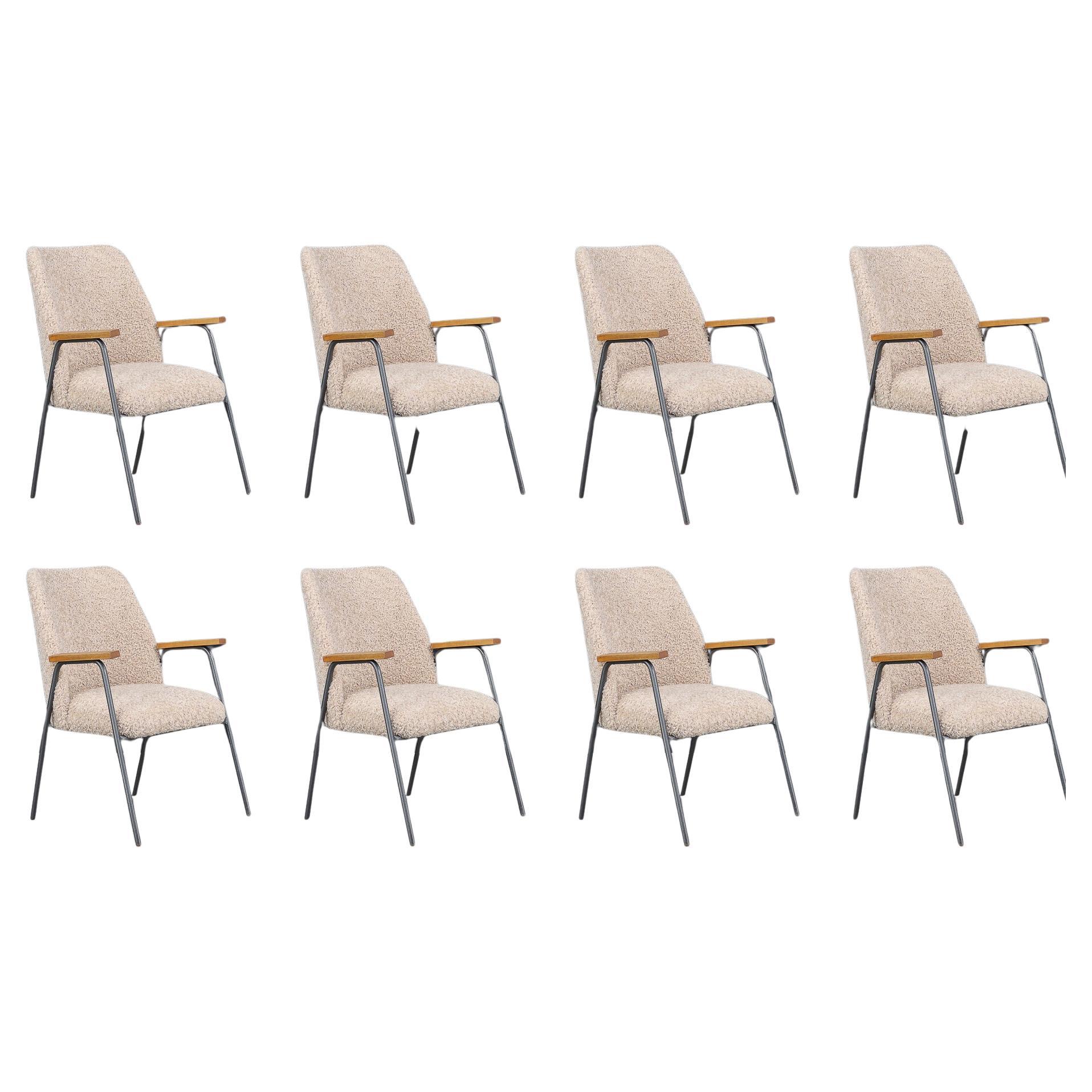 Poltrone tedesche in acciaio e legno degli anni '70 con tappezzeria in gomma - Set di 8 pezzi disponibili in vendita