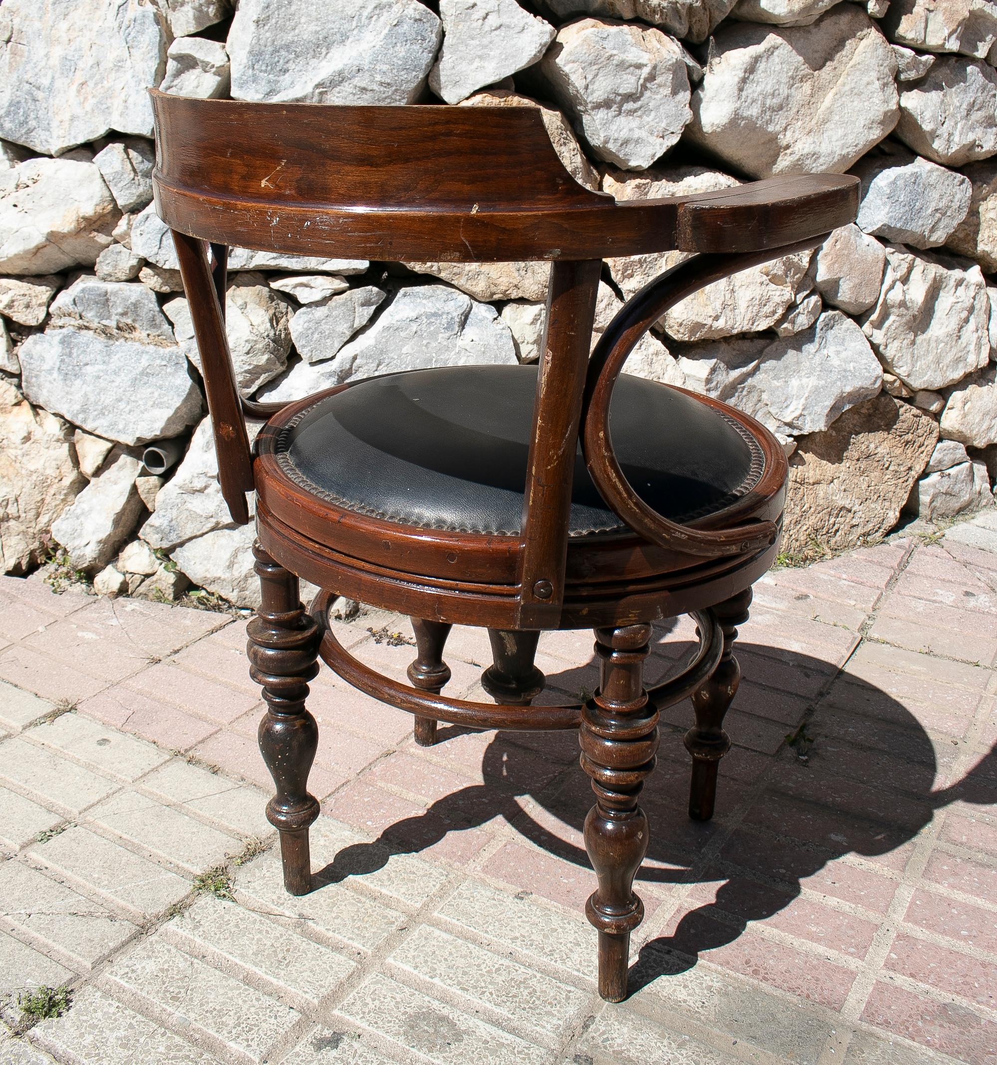 Wood 1970s German Swivel Office Chair w/ Leather Seat