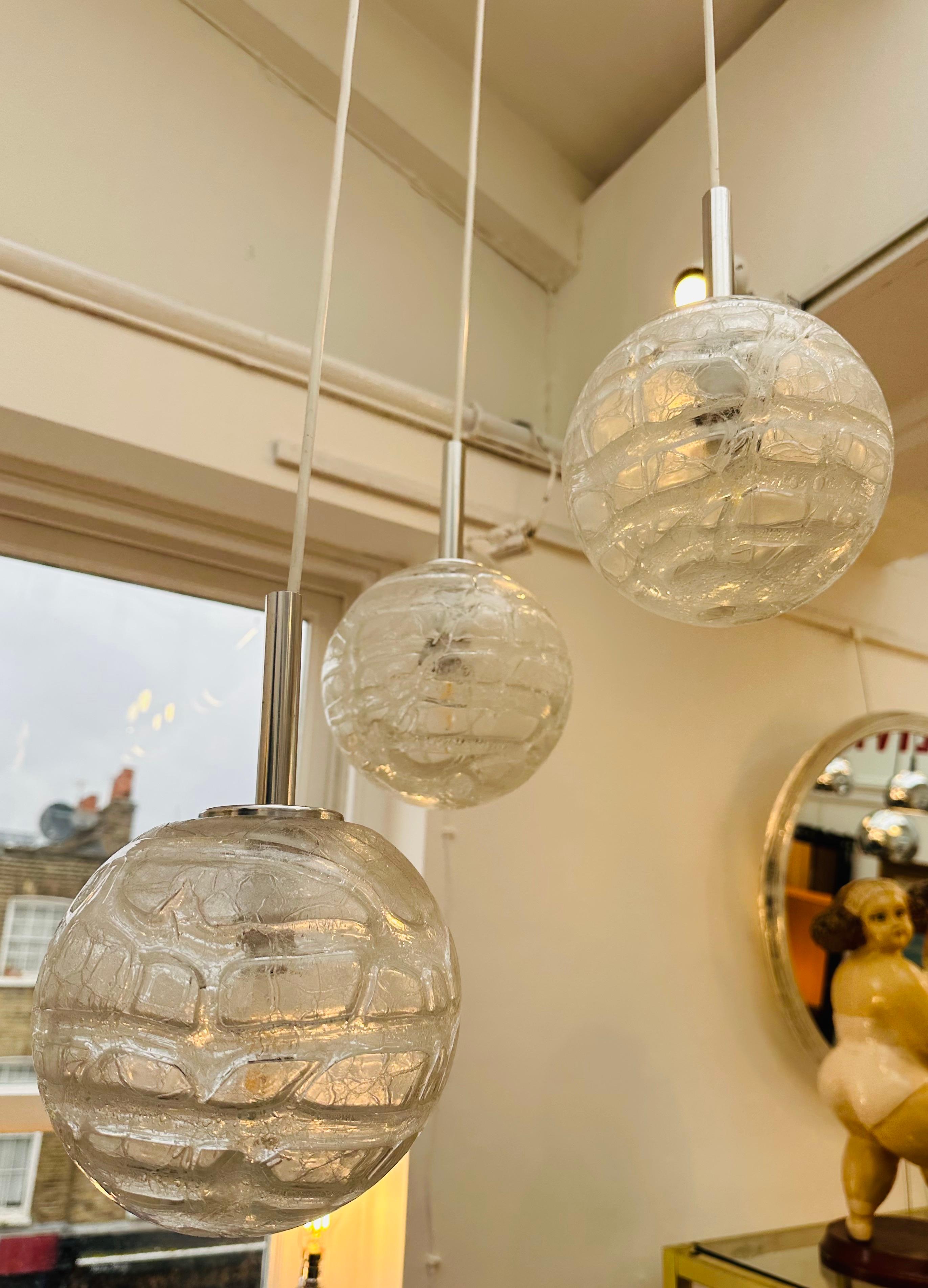 1970s German Triple Crackle Glass Globe Doria Leuchten Cascading Hanging Light 4