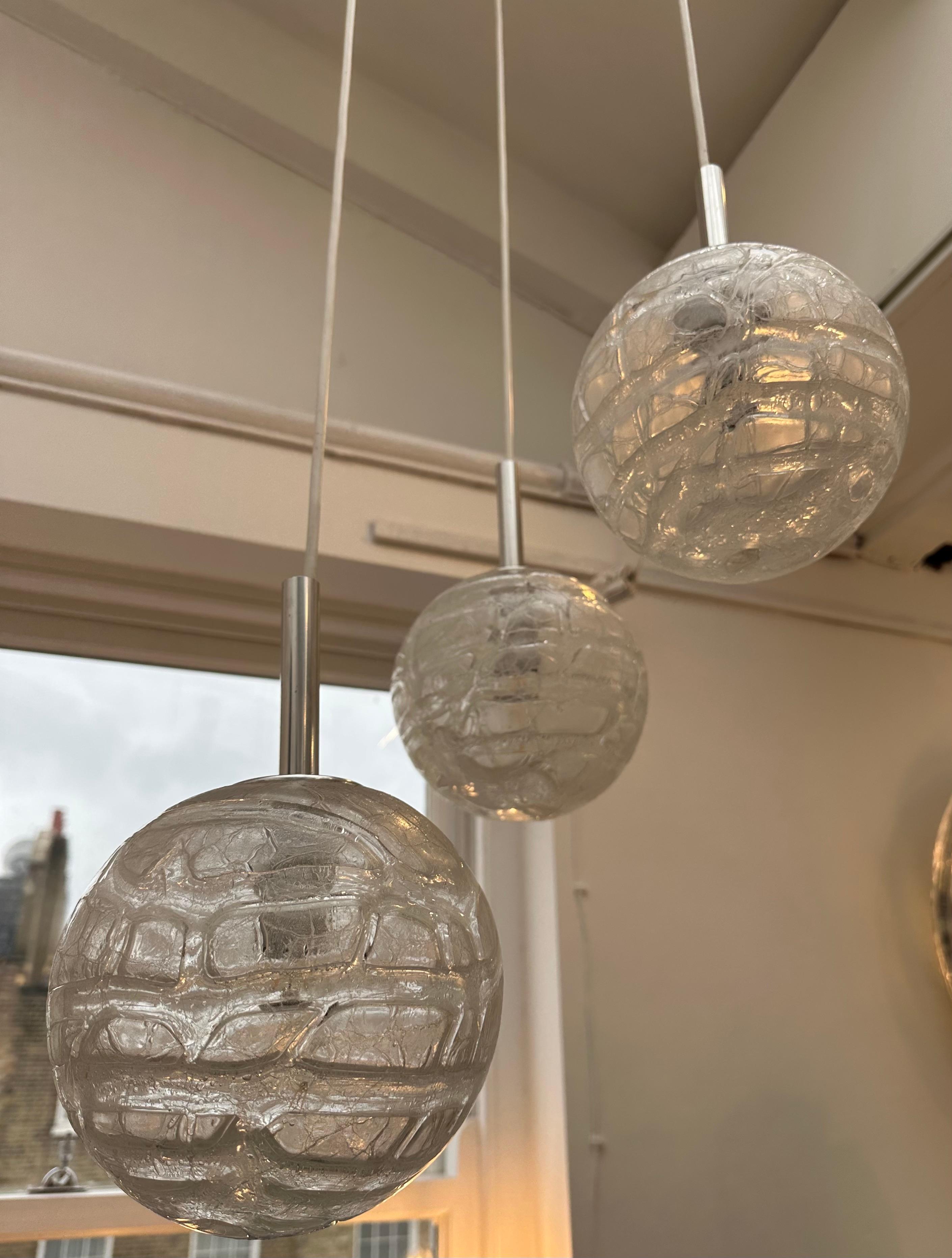 1970s German Triple Crackle Glass Globe Doria Leuchten Cascading Hanging Light For Sale 7