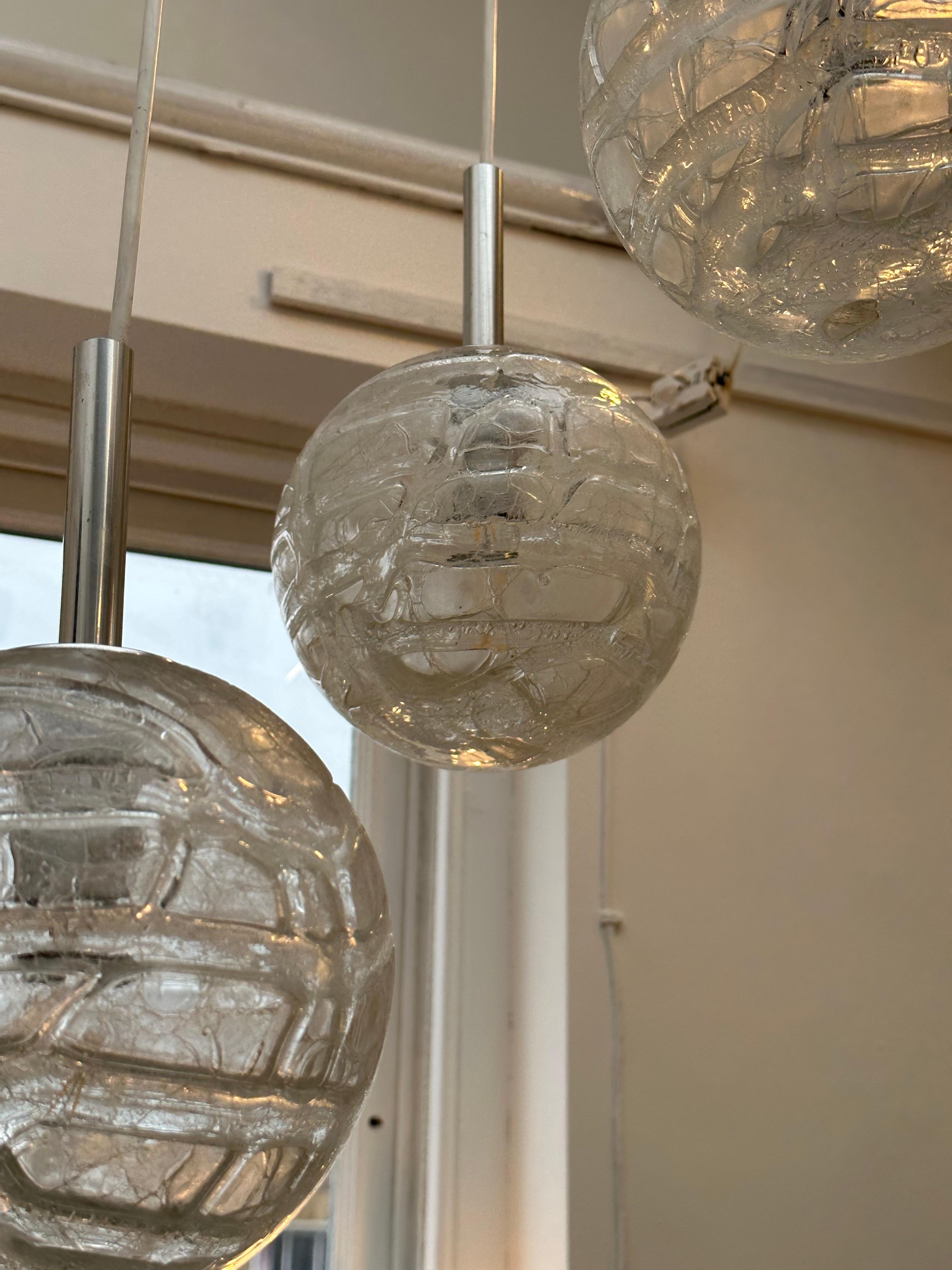 1970s German Triple Crackle Glass Globe Doria Leuchten Cascading Hanging Light 9
