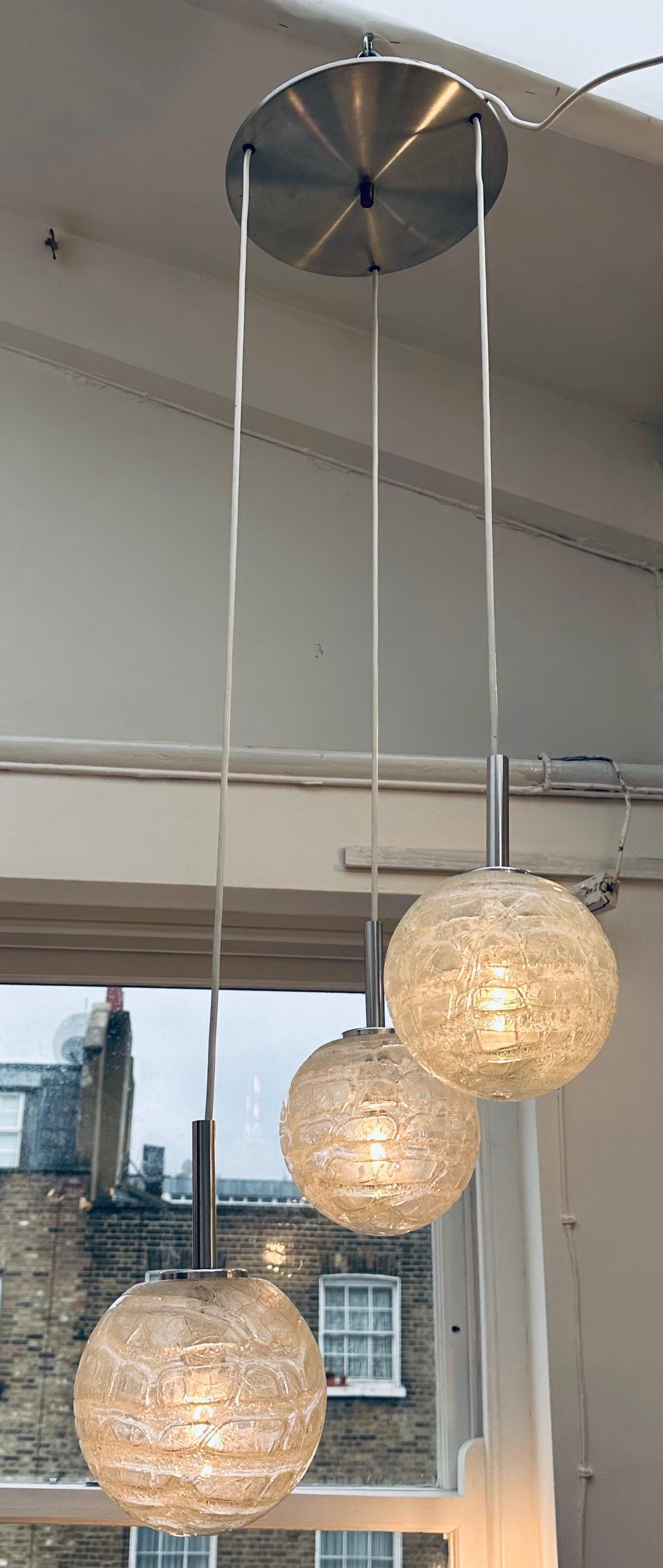 Mid-Century Modern 1970s German Triple Crackle Glass Globe Doria Leuchten Cascading Hanging Light For Sale