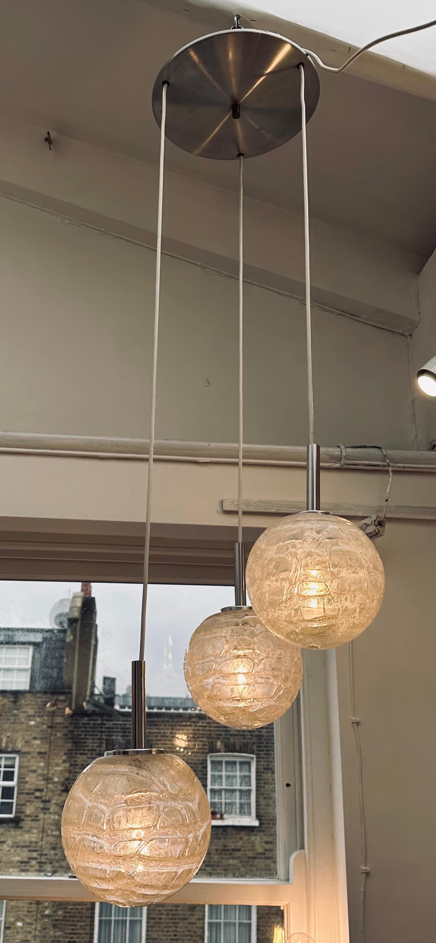 Brushed 1970s German Triple Crackle Glass Globe Doria Leuchten Cascading Hanging Light For Sale