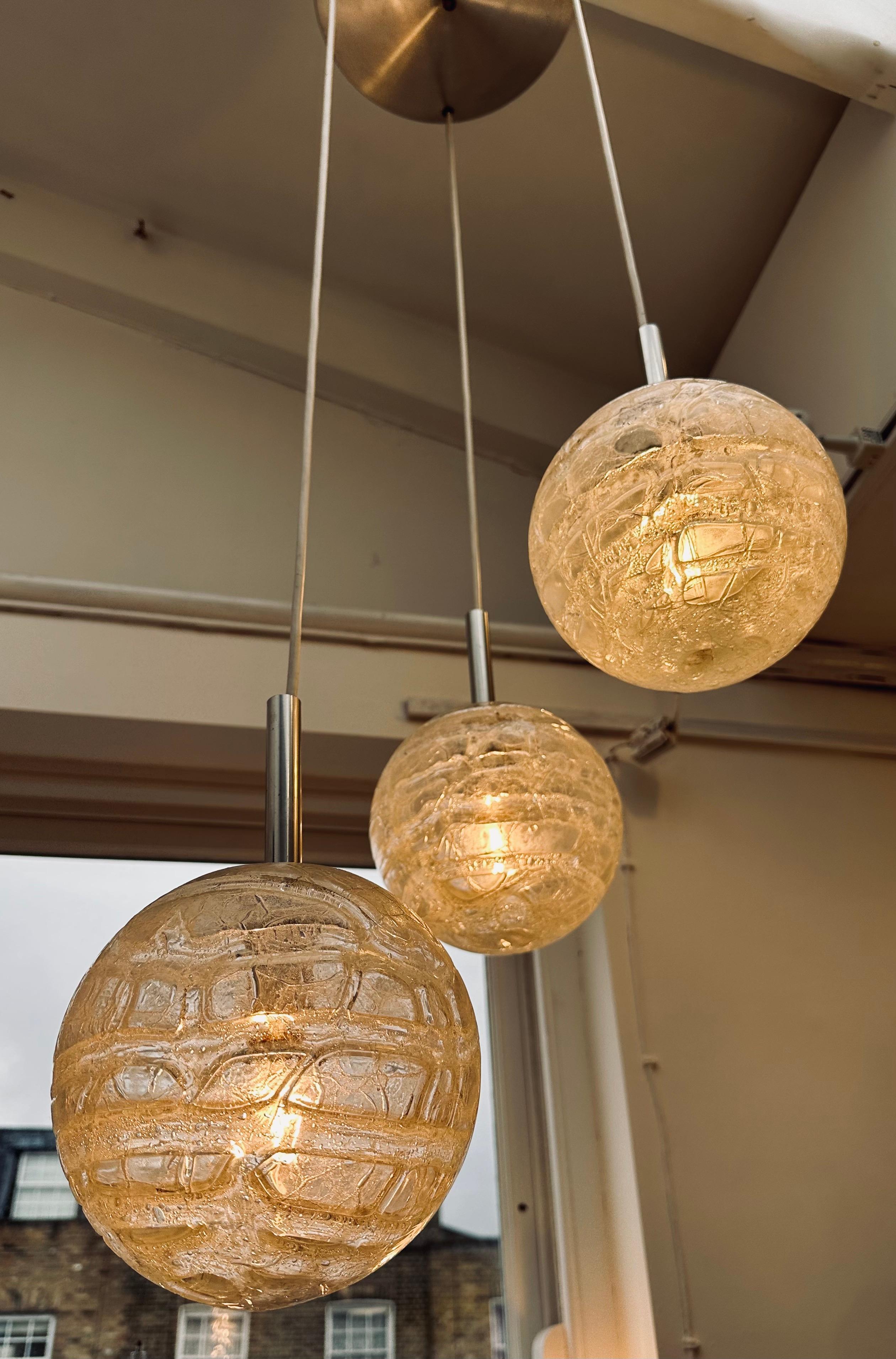 20th Century 1970s German Triple Crackle Glass Globe Doria Leuchten Cascading Hanging Light For Sale