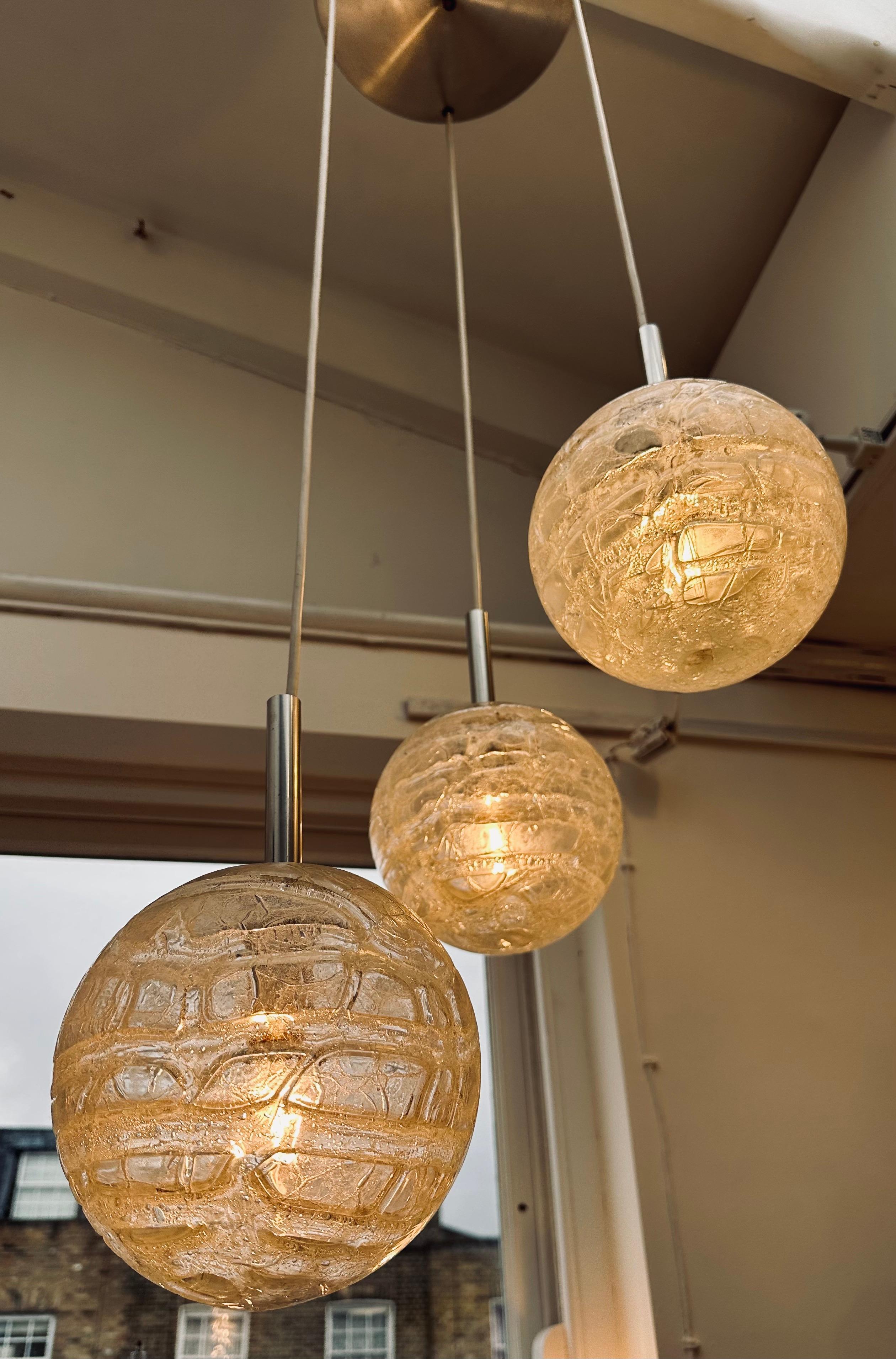 20th Century 1970s German Triple Crackle Glass Globe Doria Leuchten Cascading Hanging Light