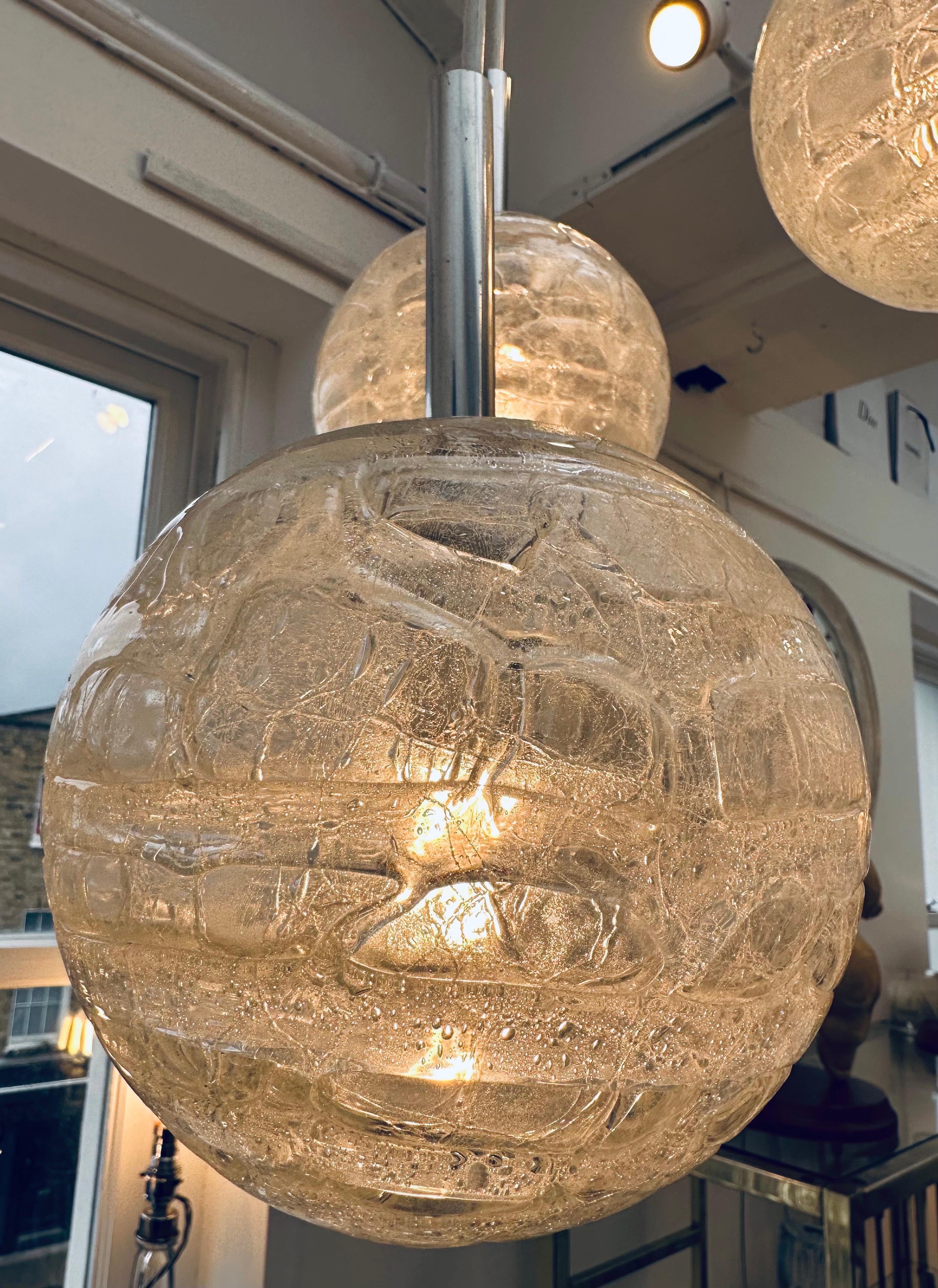 1970s German Triple Crackle Glass Globe Doria Leuchten Cascading Hanging Light 1