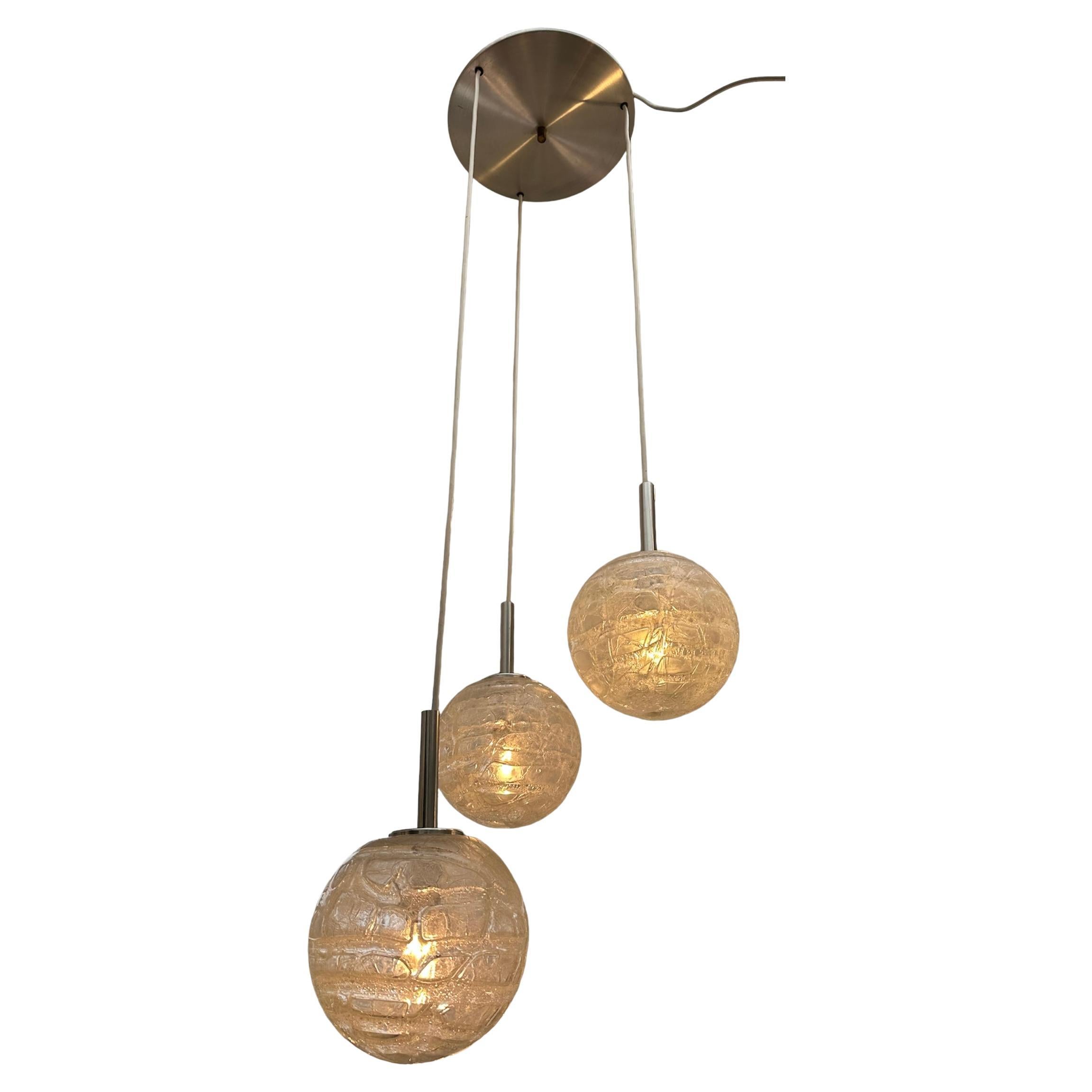 1970s German Triple Crackle Glass Globe Doria Leuchten Cascading Hanging Light For Sale