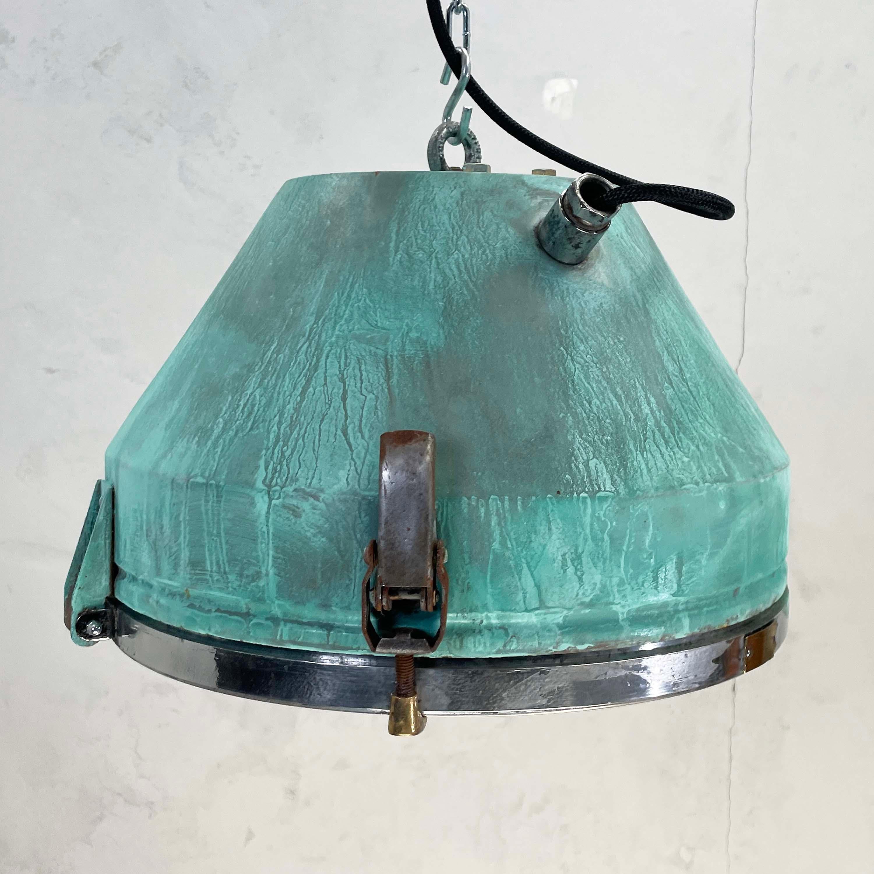 1970's German VEB Steel & Copper Verdigris Industrial Pendant Lamp, Teal Finish For Sale 9