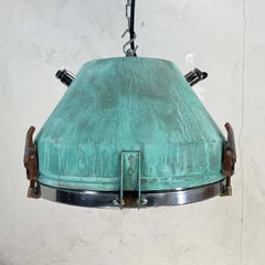 1970's German VEB Steel & Copper Verdigris Industrial Pendant Lamp, Teal Finish