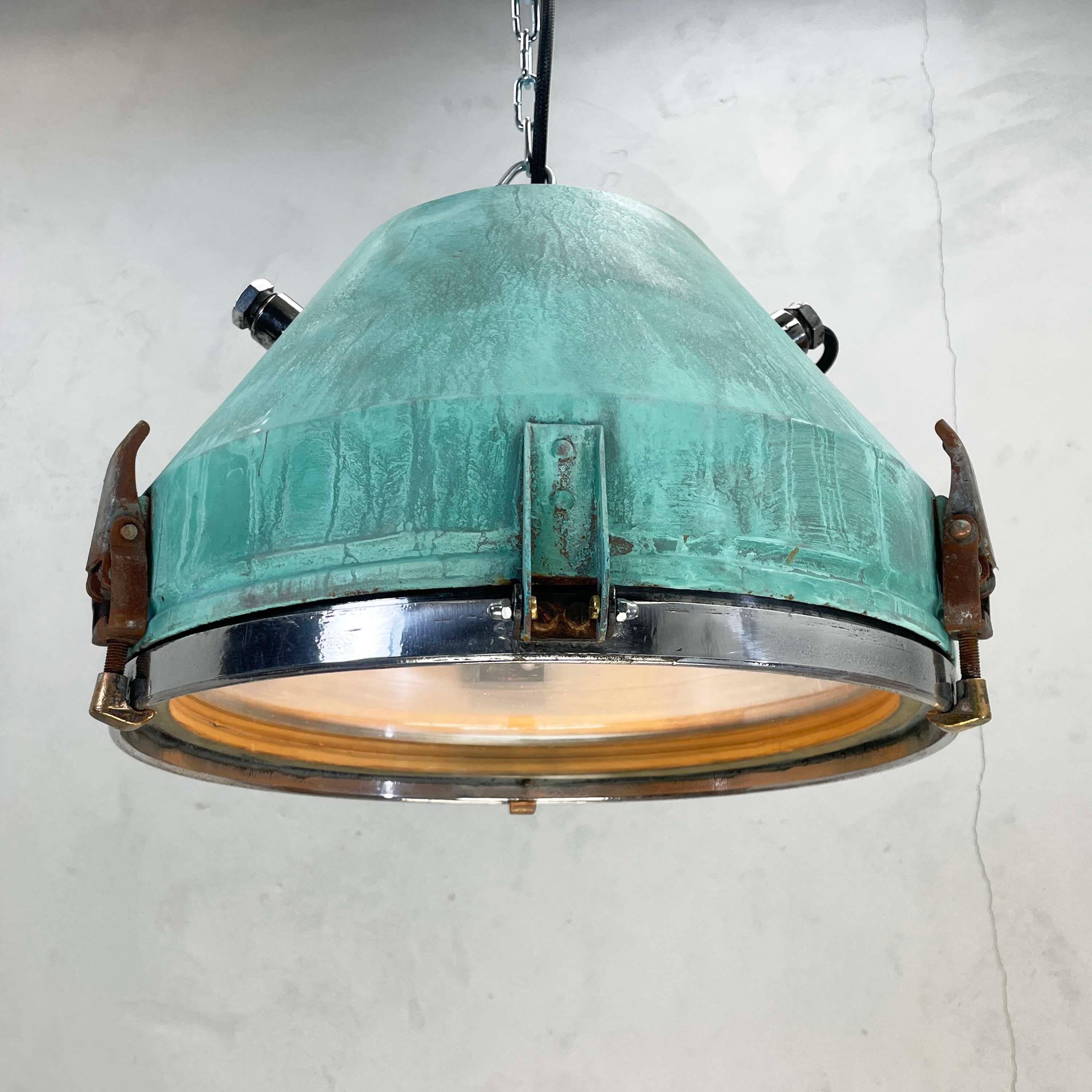 Spun 1970's German VEB Steel & Copper Verdigris Industrial Pendant Lamp, Teal Finish For Sale
