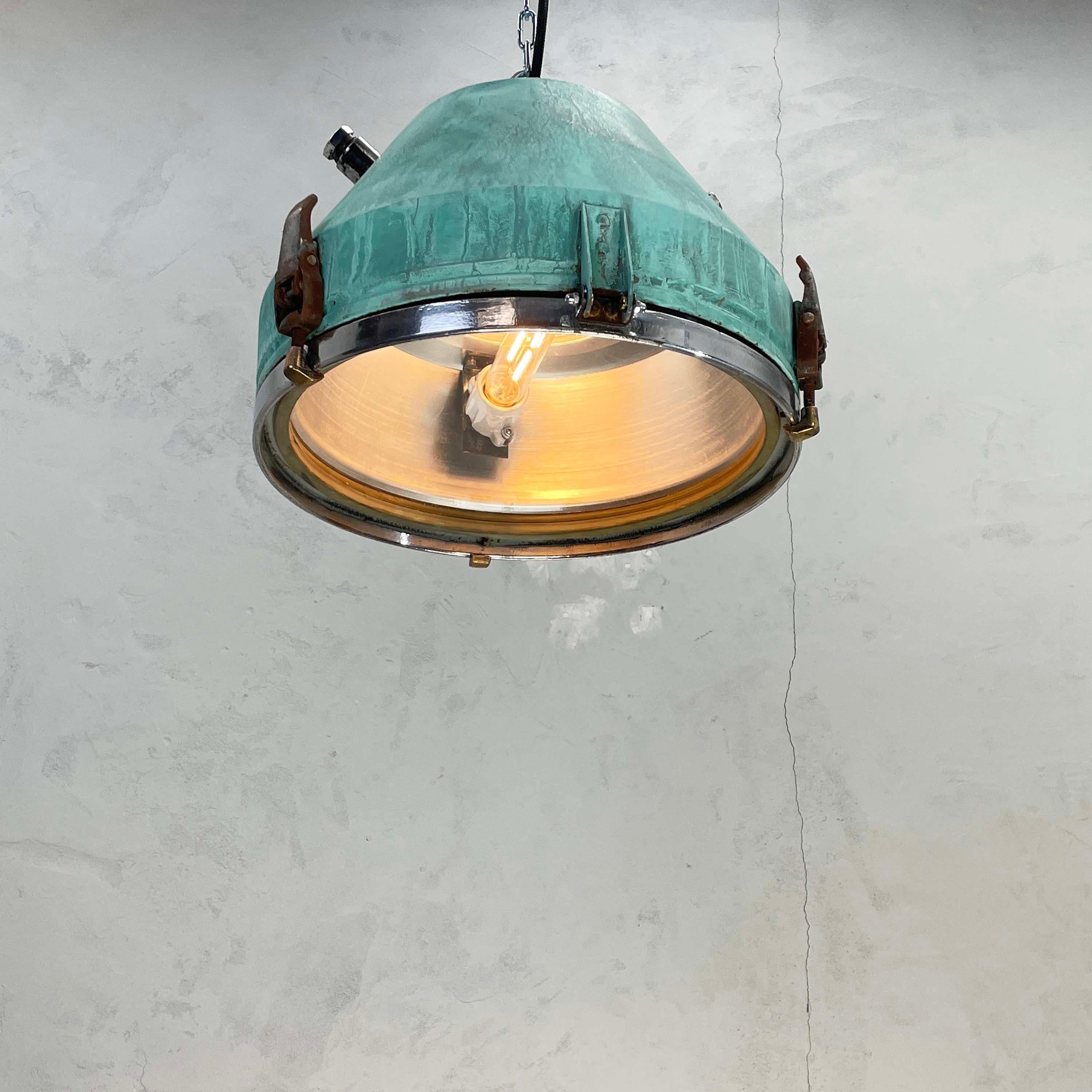 1970's German VEB Steel & Copper Verdigris Industrial Pendant Lamp, Teal Finish In Good Condition For Sale In Leicester, Leicestershire