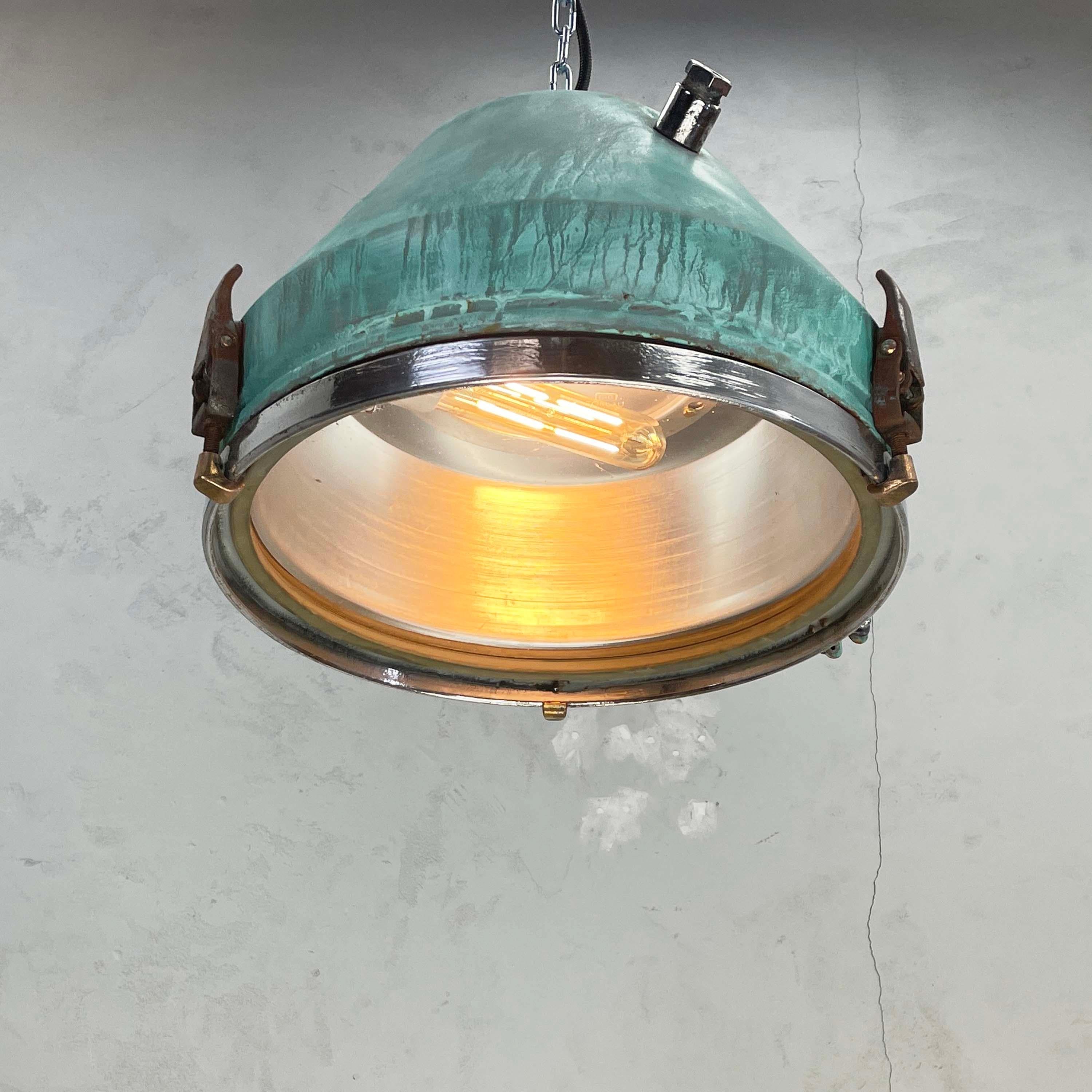 Late 20th Century 1970's German VEB Steel & Copper Verdigris Industrial Pendant Lamp, Teal Finish For Sale