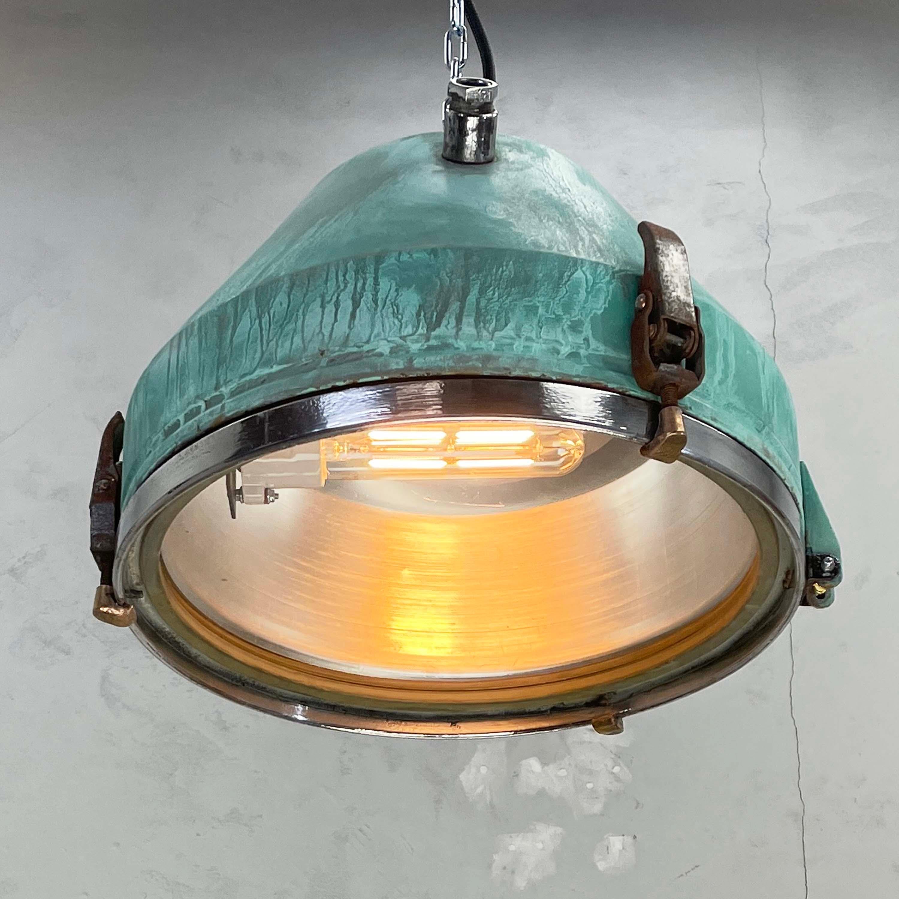 1970's German VEB Steel & Copper Verdigris Industrial Pendant Lamp, Teal Finish For Sale 1