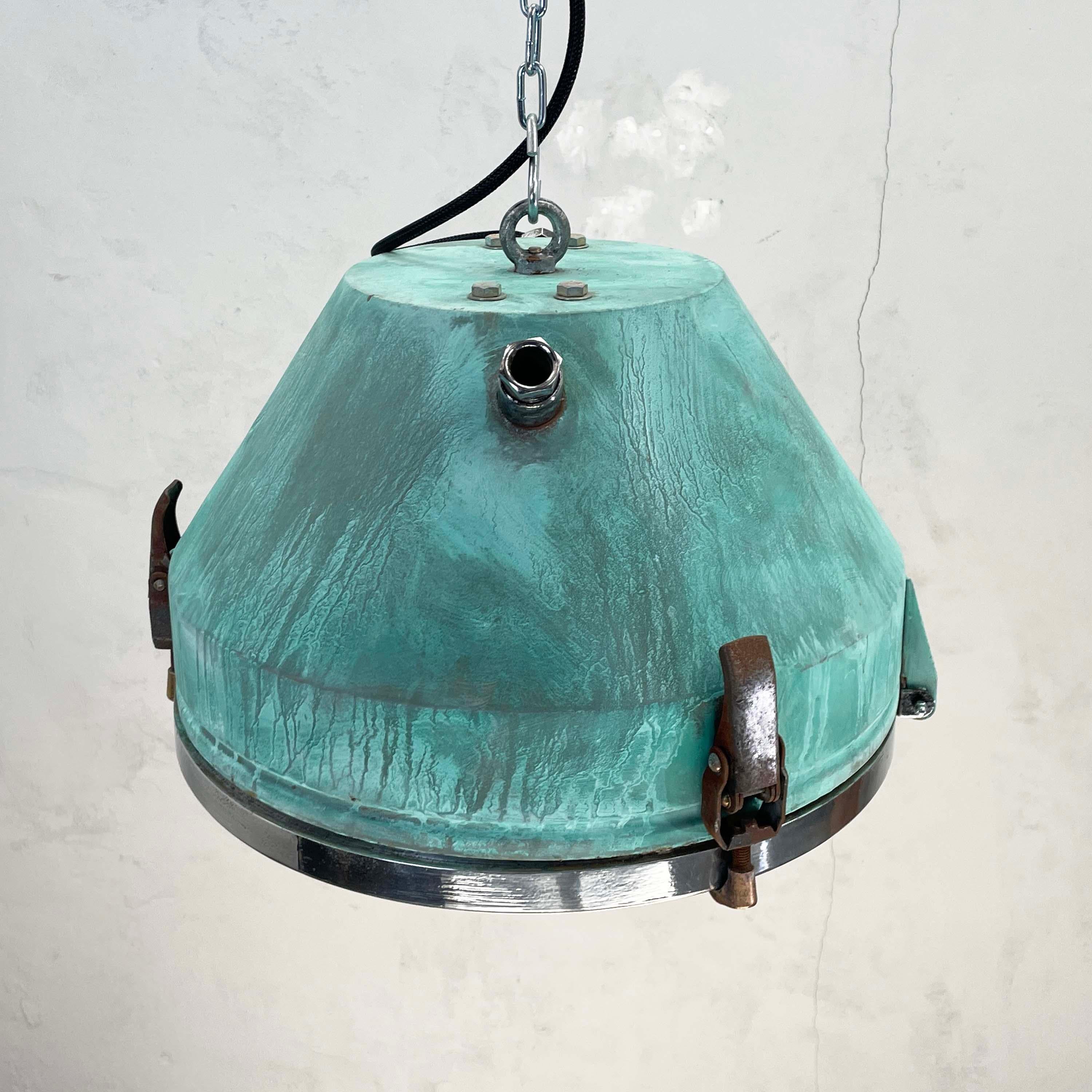 1970's German VEB Steel & Copper Verdigris Industrial Pendant Lamp, Teal Finish For Sale 4