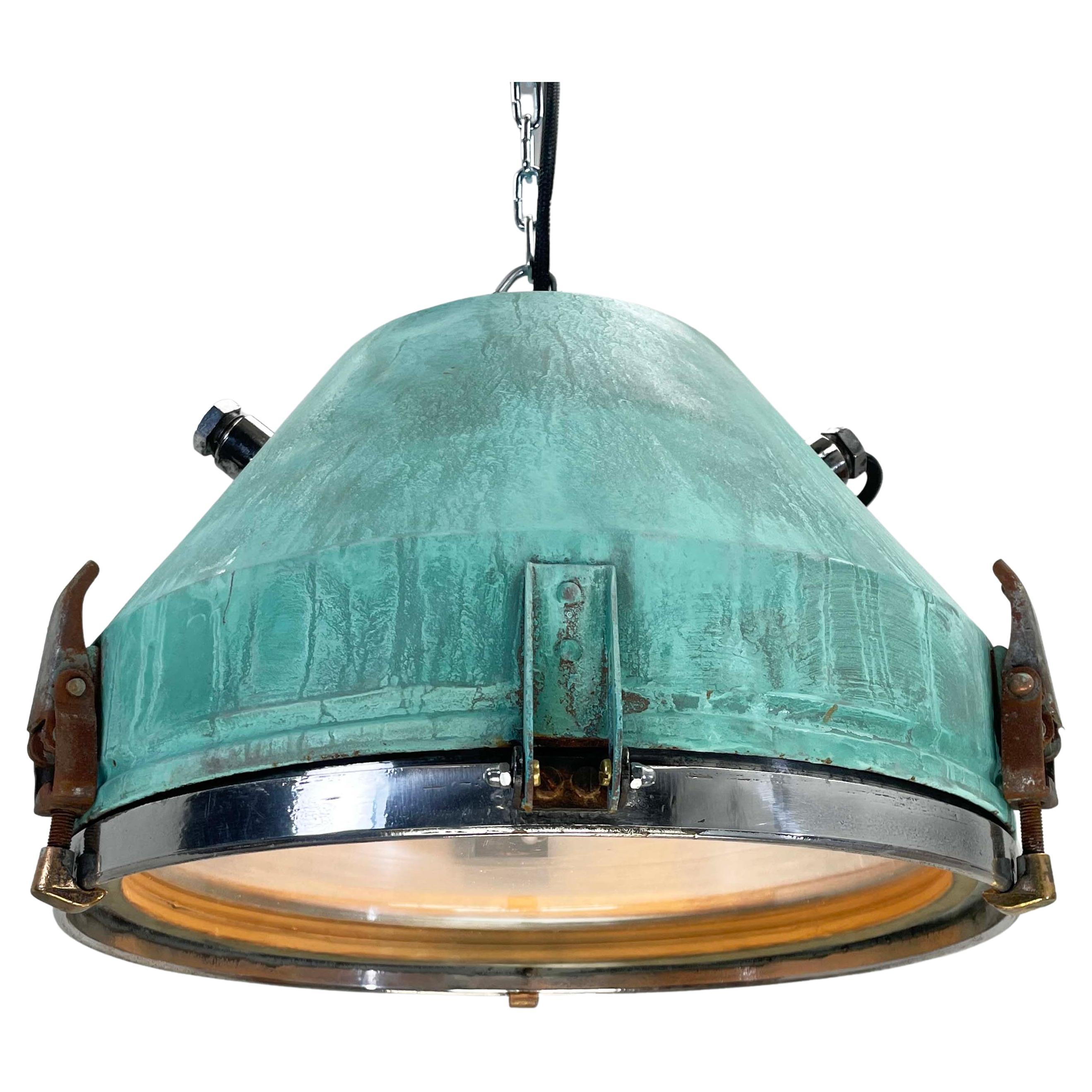 1970's German VEB Steel & Copper Verdigris Industrial Pendant Lamp, Teal Finish For Sale