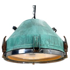 1970's German VEB Steel & Copper Verdigris Industrial Pendant Lamp, Teal Finish