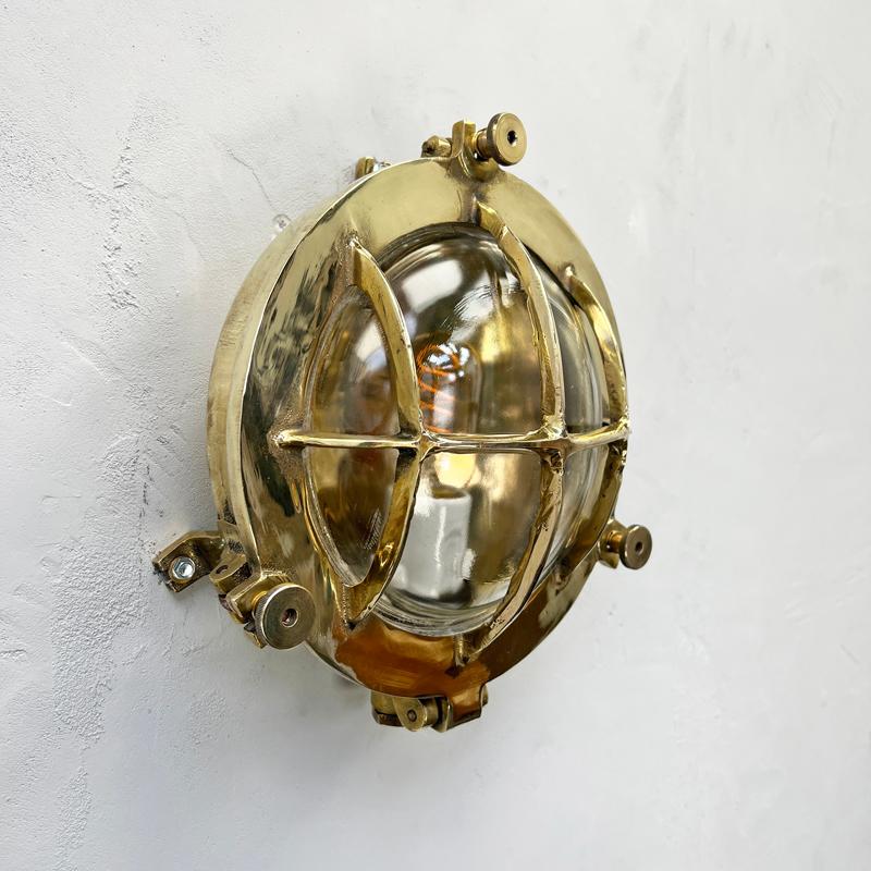 1970's German Vintage Industrial Circular Brass & Glass Bulkhead by Wiska For Sale 2