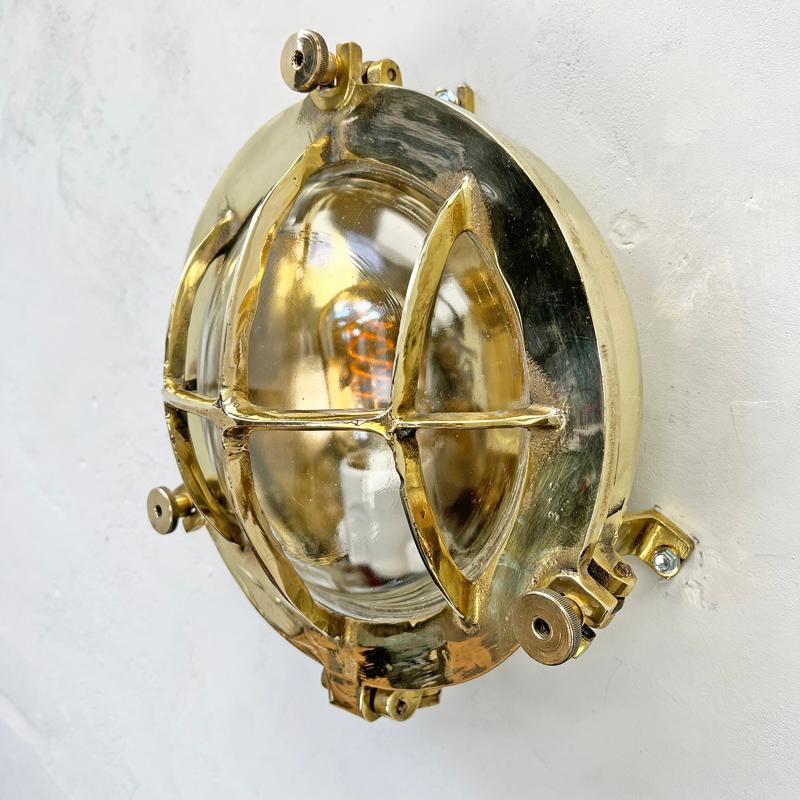 1970's German Vintage Industrial Circular Brass & Glass Bulkhead by Wiska For Sale 6