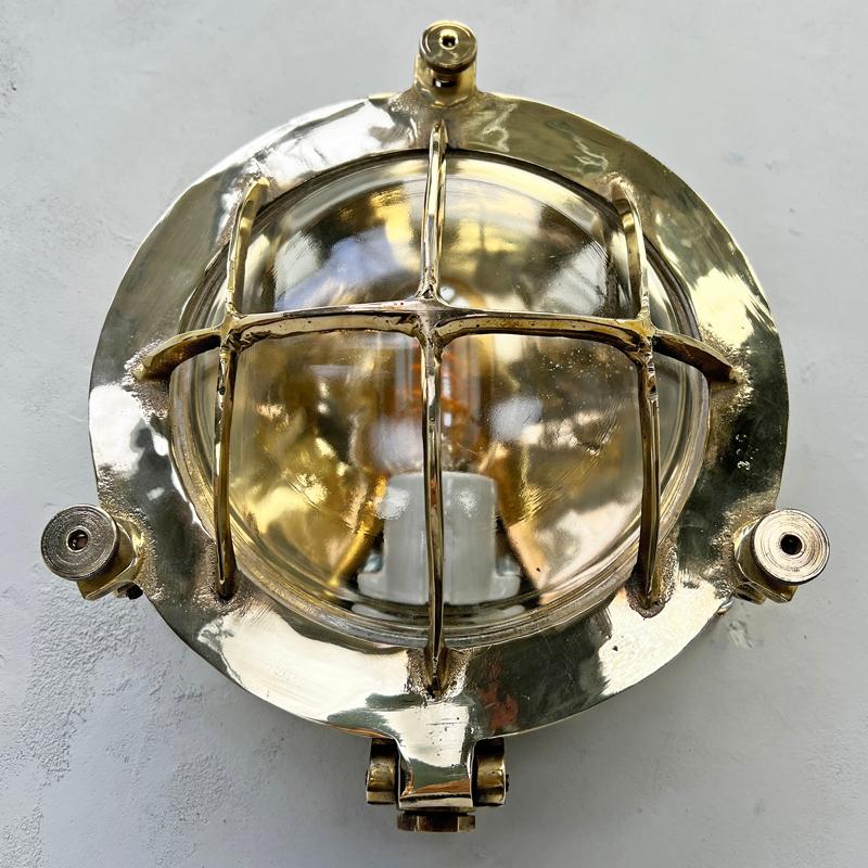 1970's German Vintage Industrial Circular Brass & Glass Bulkhead by Wiska For Sale 9