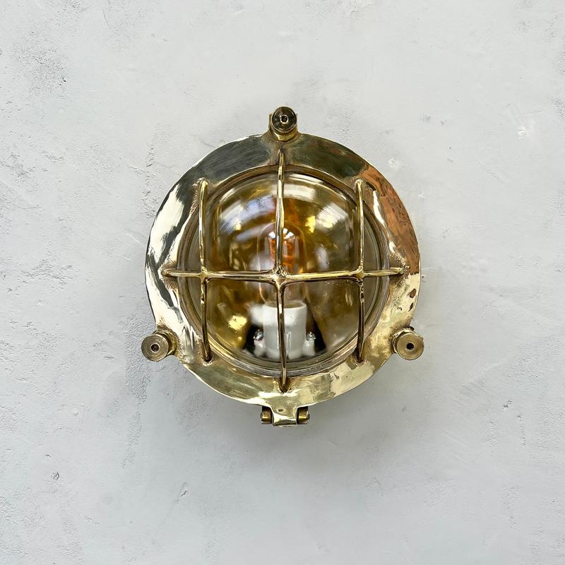1970's German Vintage Industrial Circular Brass & Glass Bulkhead by Wiska For Sale 10