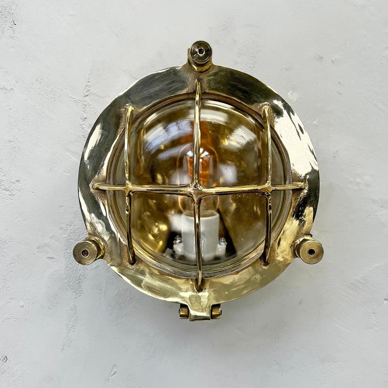 1970's German Vintage Industrial Circular Brass & Glass Bulkhead by Wiska For Sale 11