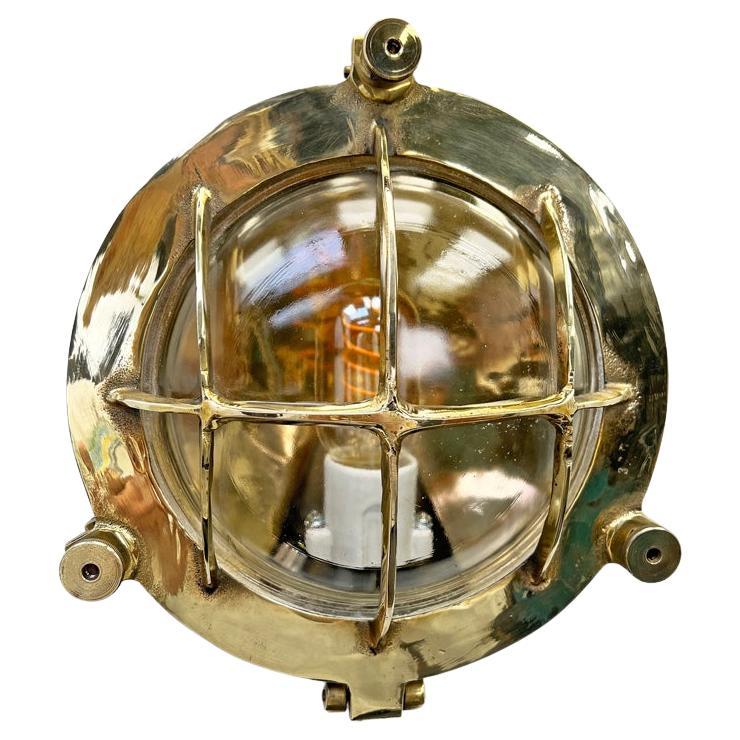 1970's German Vintage Industrial Circular Brass & Glass Bulkhead by Wiska For Sale