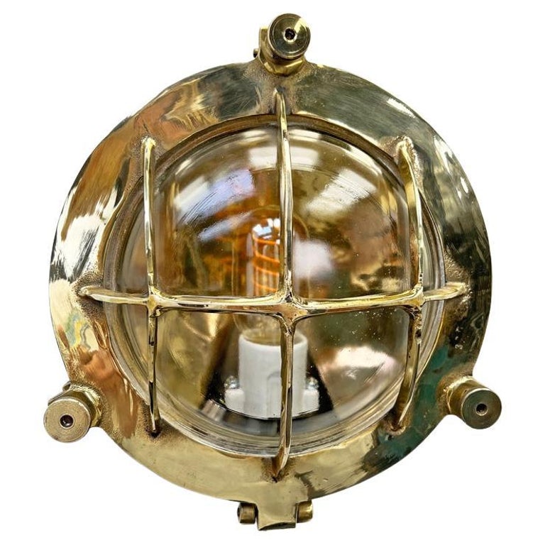 1970's German Vintage Industrial Circular Brass and Glass Bulkhead by Wiska  For Sale at 1stDibs
