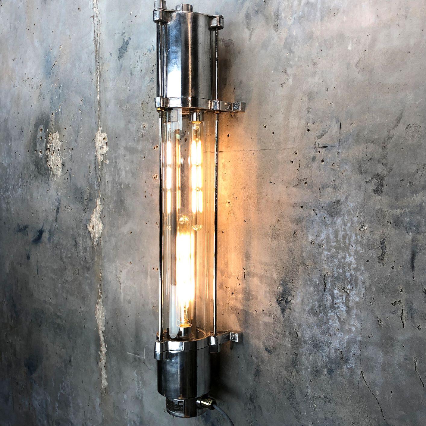 1970s German Wall Mounted Aluminium and Glass Explosion Proof Edison Tube Light In Good Condition In Leicester, Leicestershire