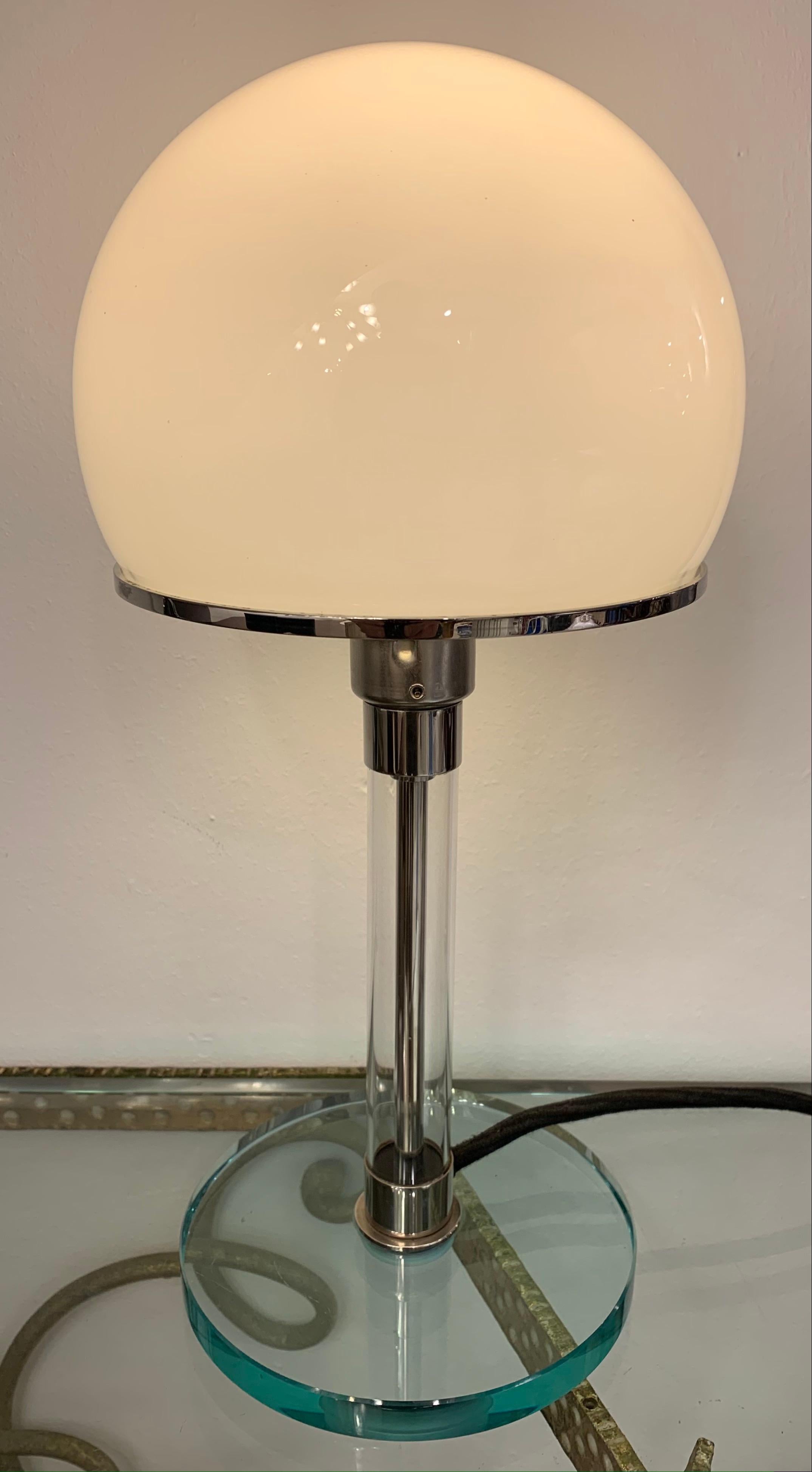 Metal 1970s German Wilhelm Wagenfeld WG 24 Opal Glass Domed Table Lamp for Tecnolumen