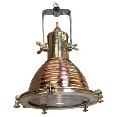 1970s German Wiska Spun Copper and Cast Brass Fluted Cargo Ceiling Pendant Light