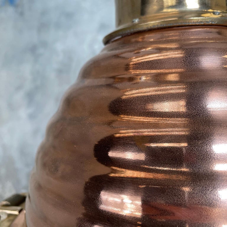 1970s German Wiska Spun Copper and Cast Brass Fluted Cargo Ceiling Pendant Light For Sale 4
