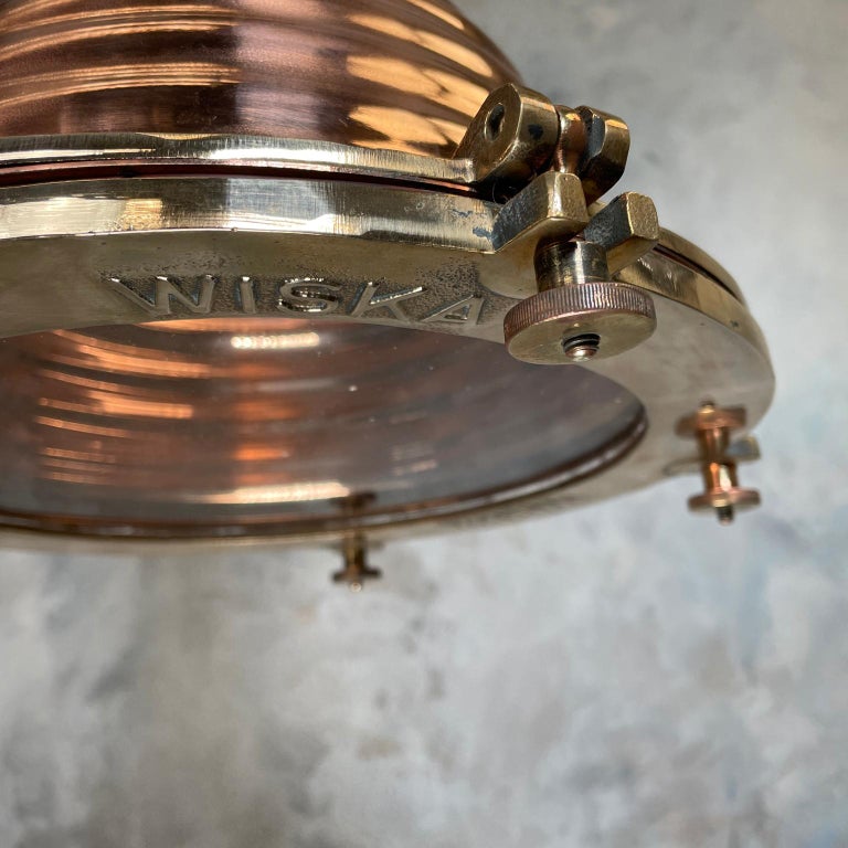 1970s German Wiska Spun Copper and Cast Brass Fluted Cargo Ceiling Pendant Light For Sale 5