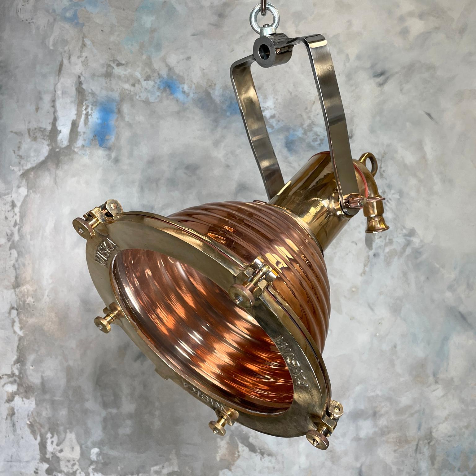 1970s German Wiska Spun Copper and Cast Brass Fluted Cargo Ceiling Pendant Light 8