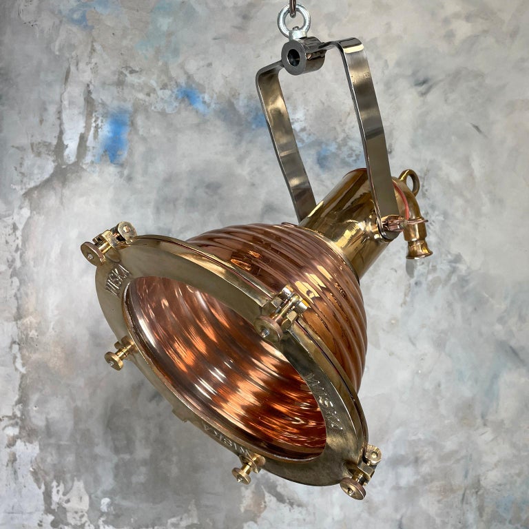 1970s German Wiska Spun Copper and Cast Brass Fluted Cargo Ceiling Pendant Light For Sale 9